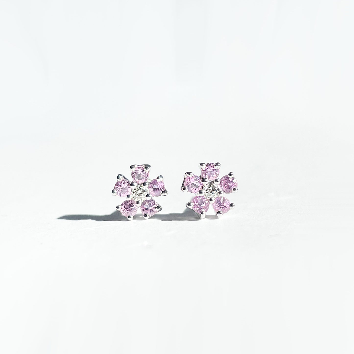 14K Solid Gold Genuine Pink Sapphire and Diamond Flower Studs
