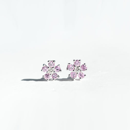 14K Solid Gold Genuine Pink Sapphire and Diamond Flower Studs