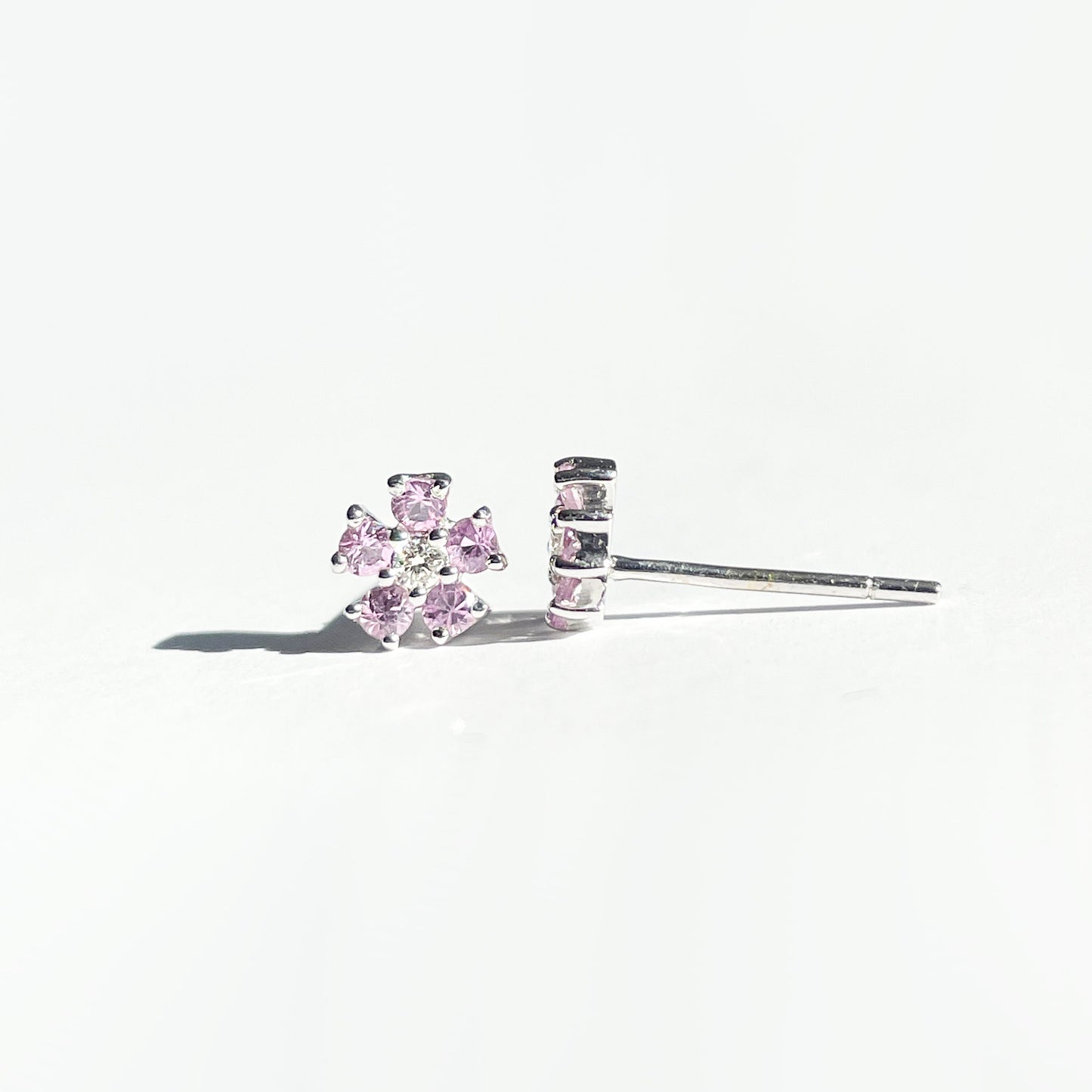 14K Solid Gold Genuine Pink Sapphire and Diamond Flower Studs