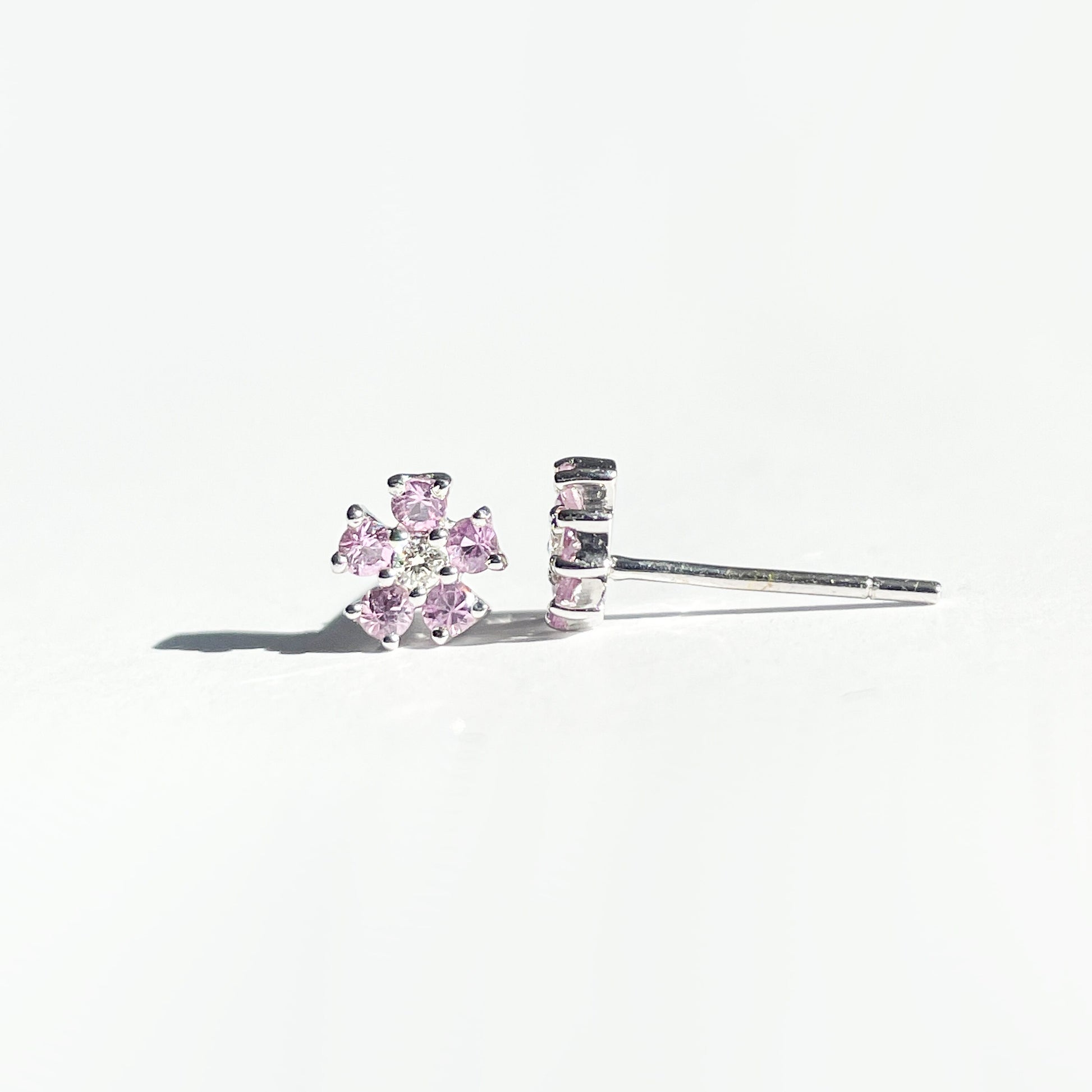 14K Solid Gold Genuine Pink Sapphire and Diamond Flower Studs