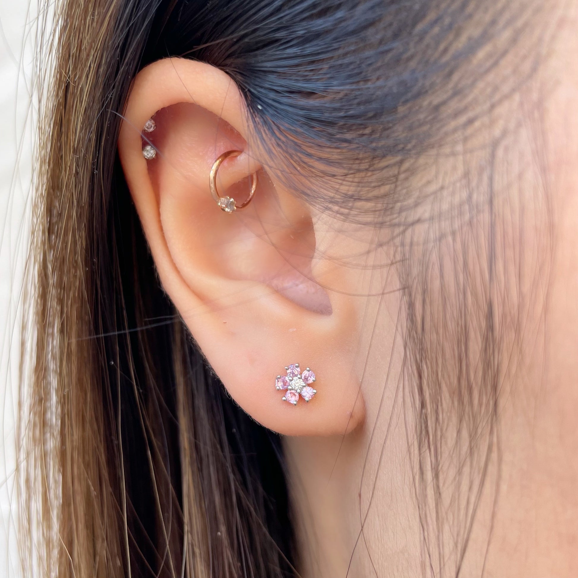 14K Solid Gold Genuine Rainbow Sapphire and Diamond Flower Studs/Pair