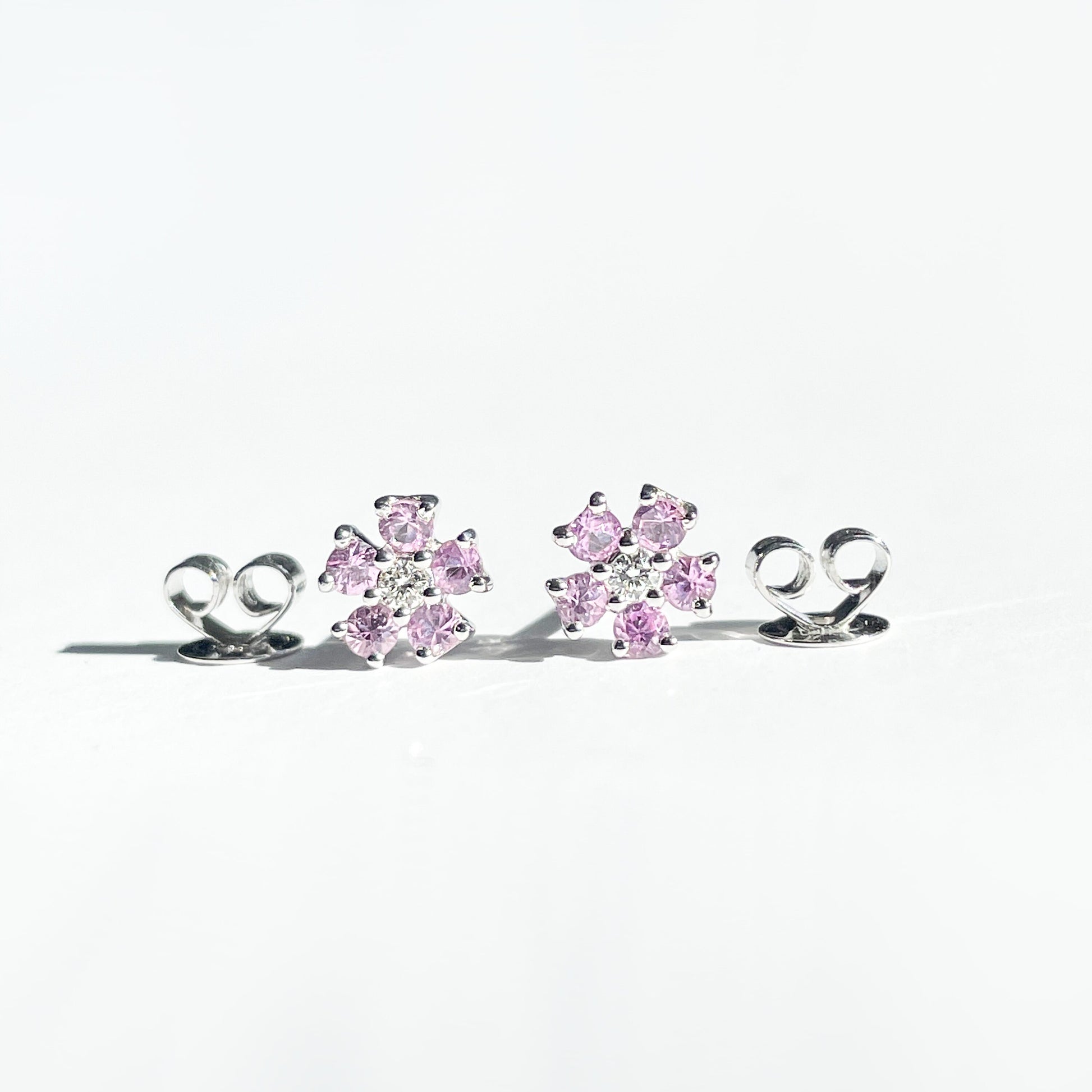 14K Solid Gold Genuine Pink Sapphire and Diamond Flower Studs
