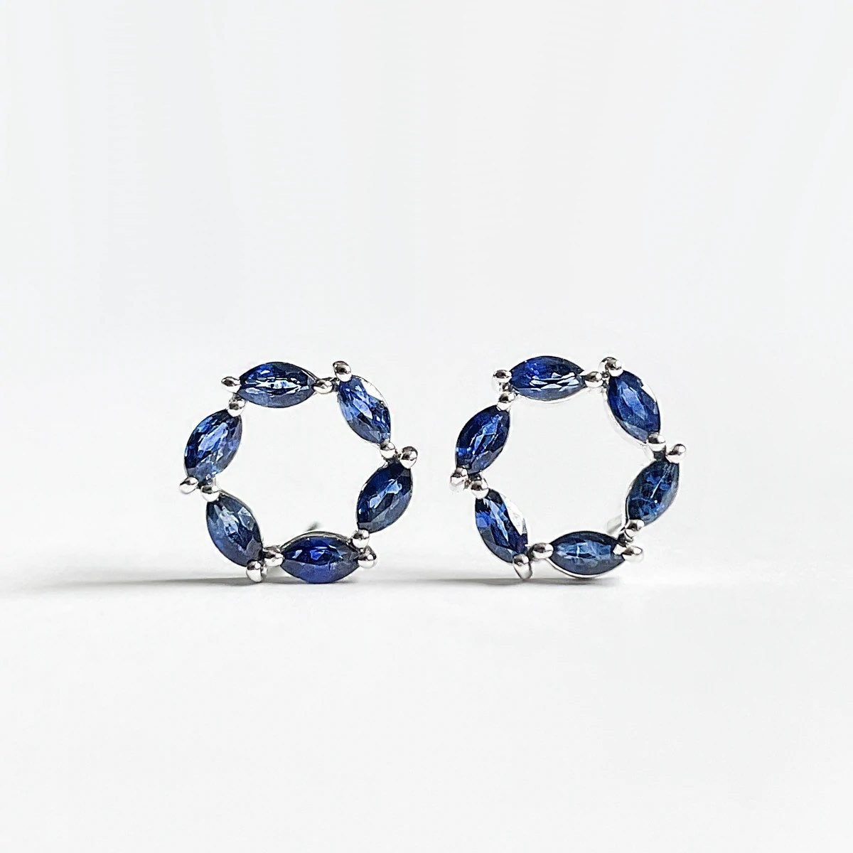 14K Solid Gold Genuine Sapphire Halo Studs