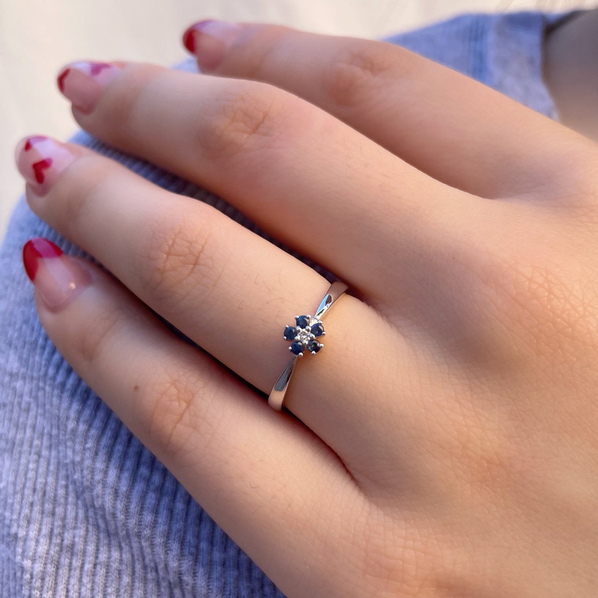 14K Solid Gold Genuine Sapphire and Diamond Flower Ring