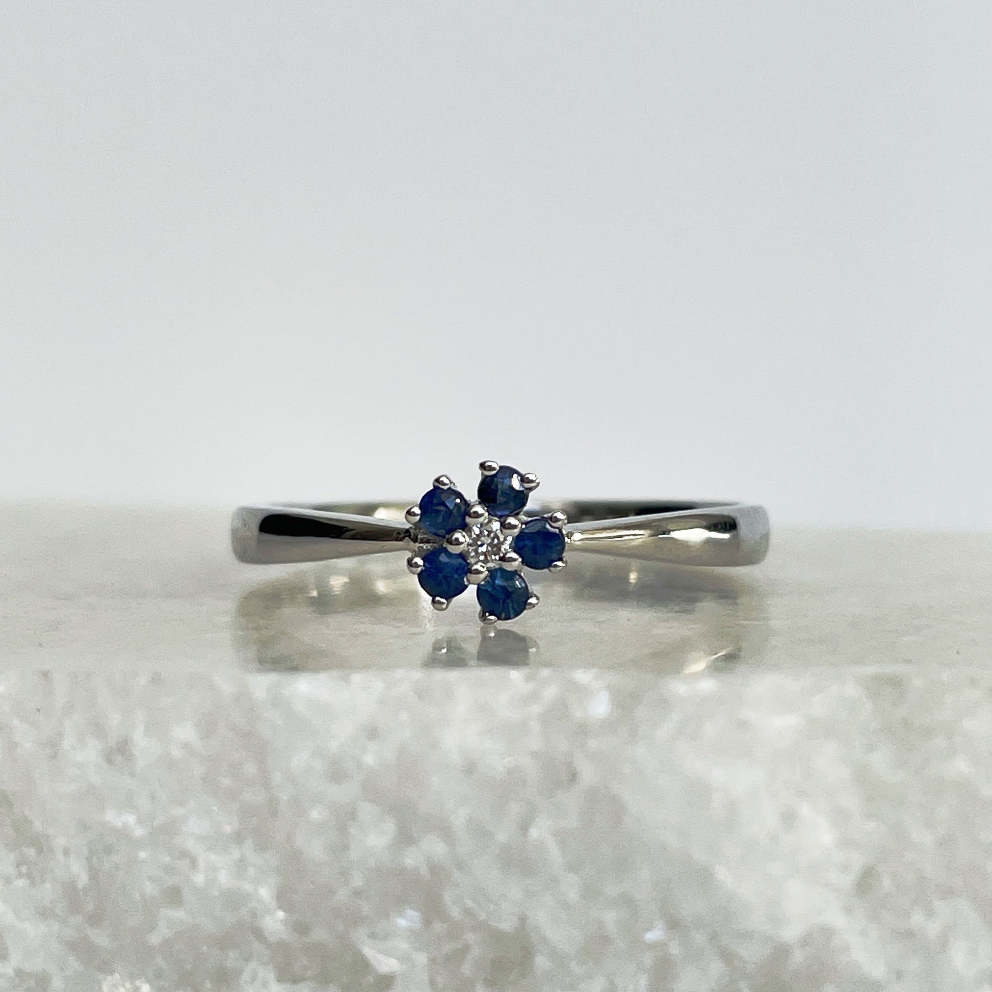 14K Solid Gold Genuine Sapphire and Diamond Flower Ring