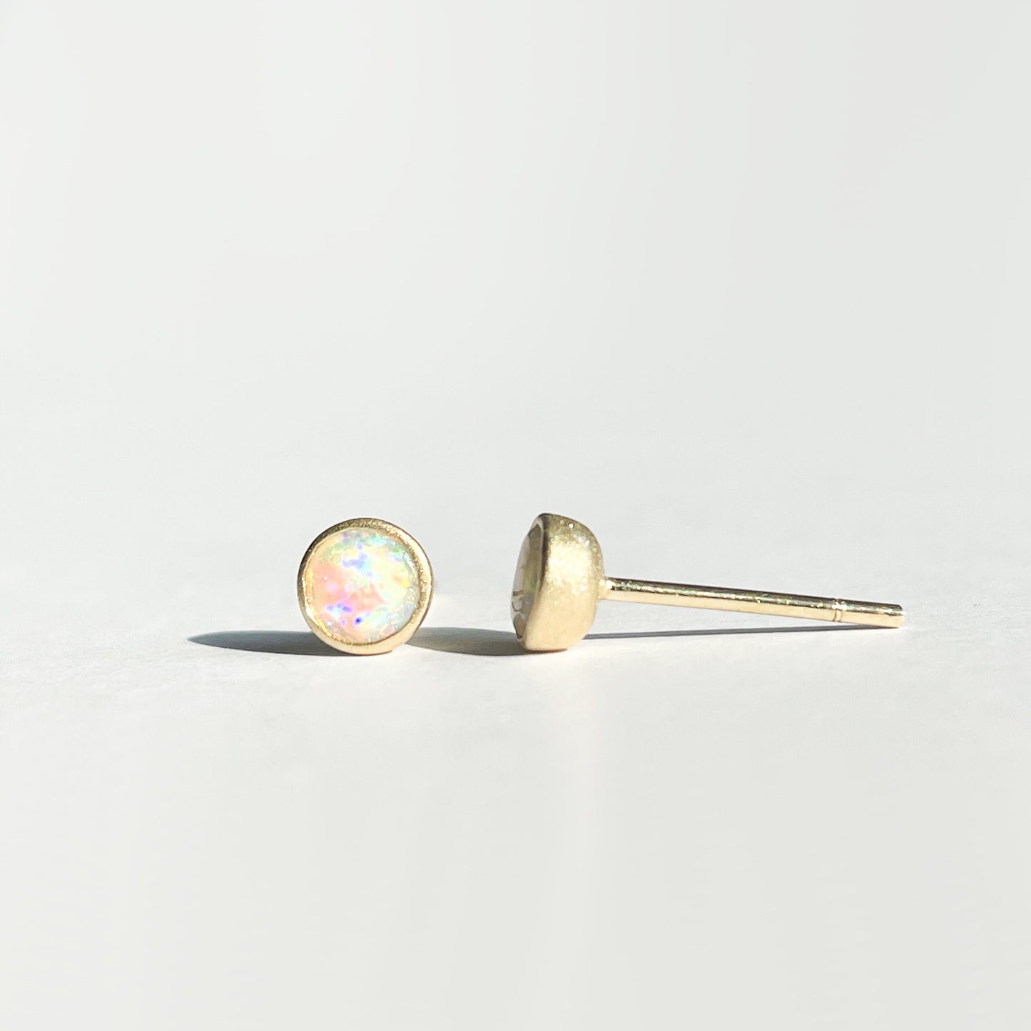 14K Solid Gold Genuine Opal Round Studs/Satin Finish/Pair