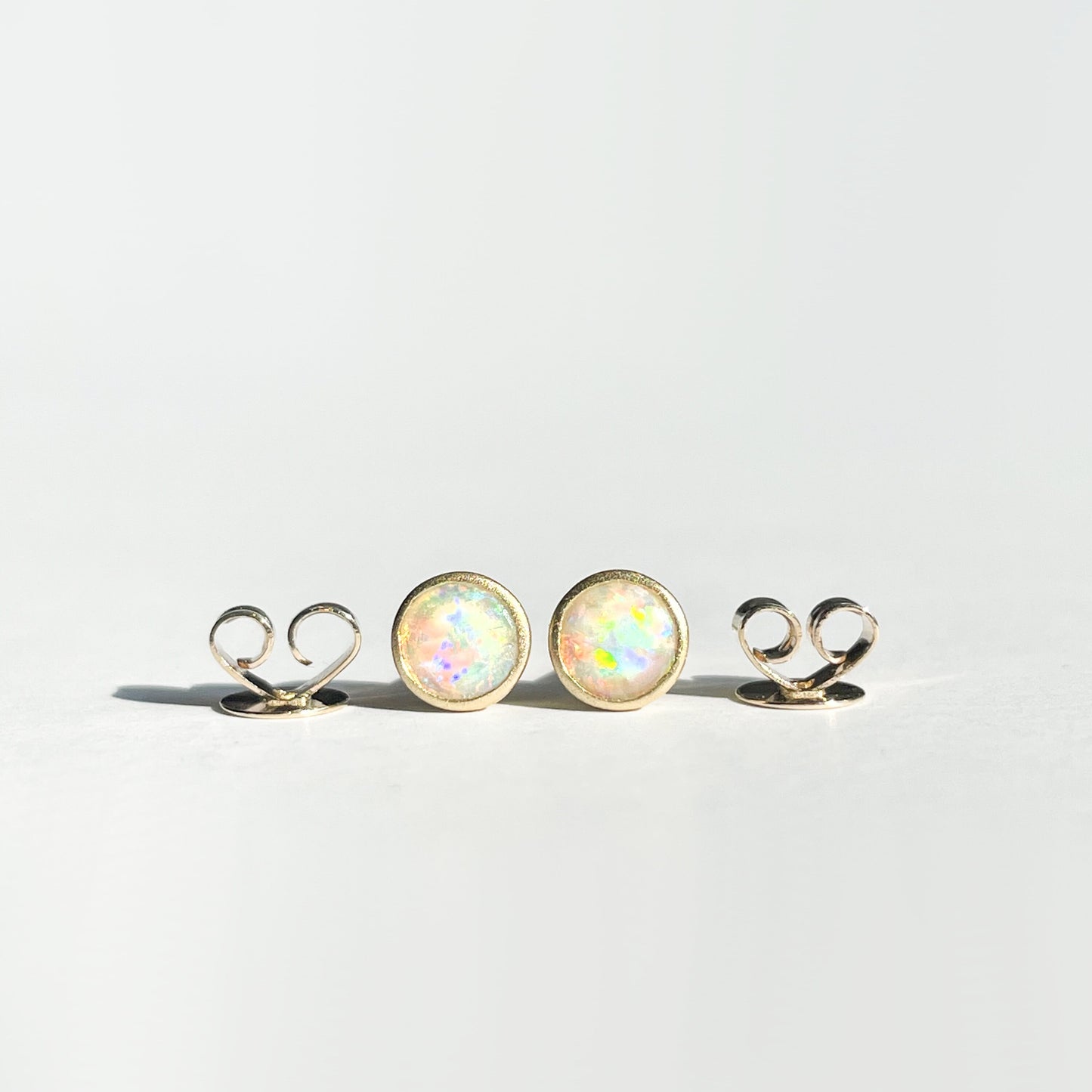 14K Solid Gold Genuine Opal Round Studs/Satin Finish/Pair