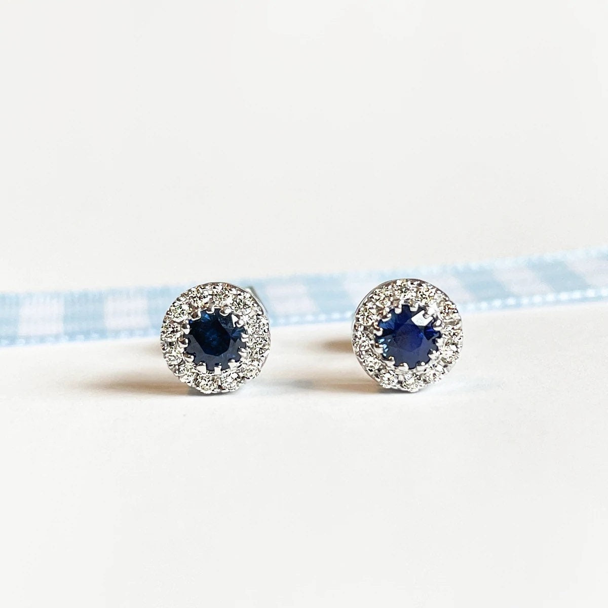 14K Solid Gold Genuine Sapphire and Diamond Round Studs