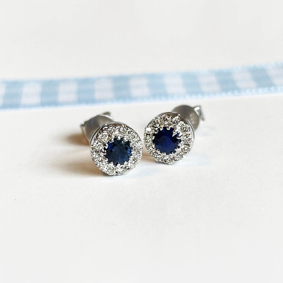 14K Solid Gold Genuine Sapphire and Diamond Round Studs