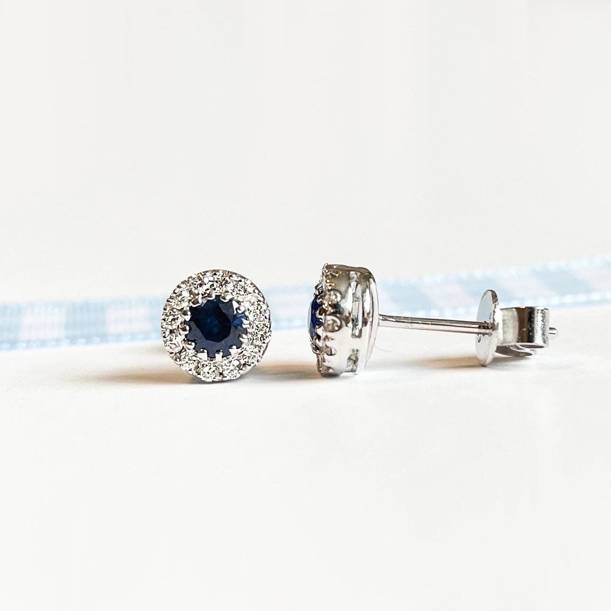 14K Solid Gold Genuine Sapphire and Diamond Round Studs