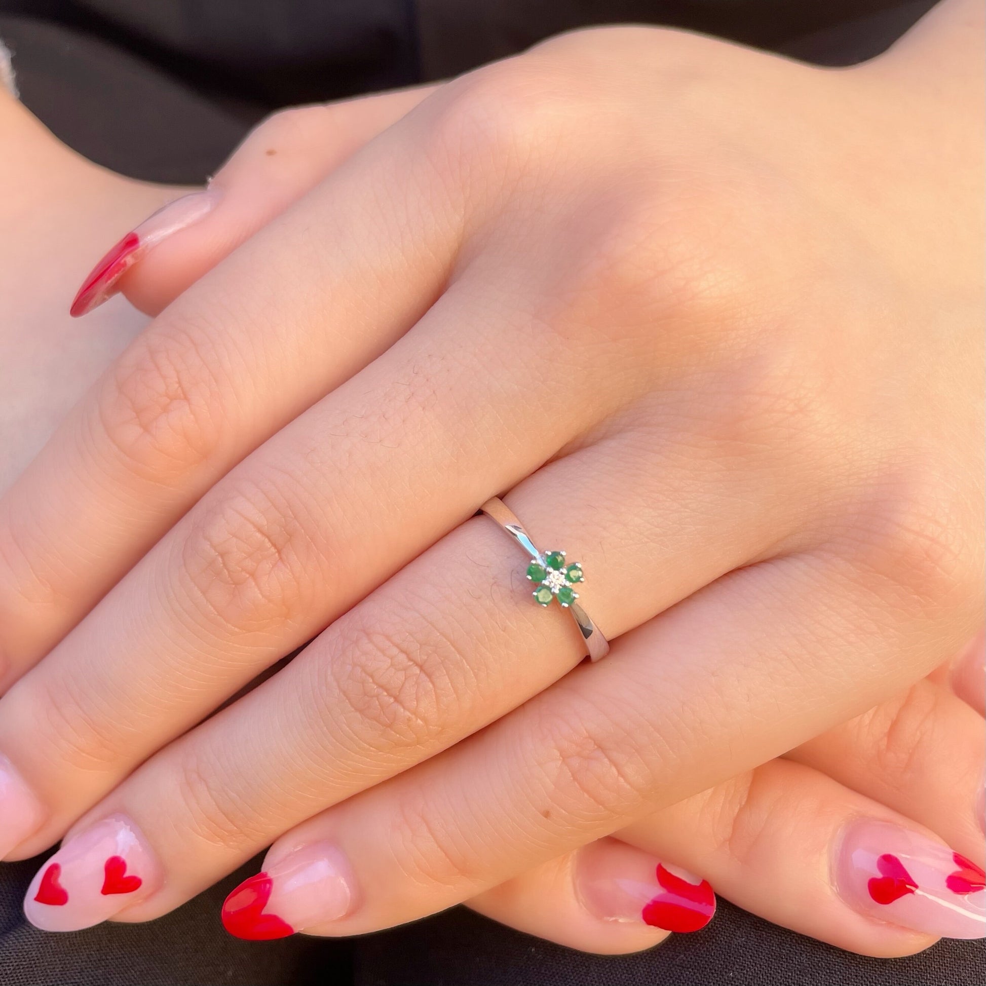 14K Solid Gold Genuine Emerald and Diamond Flower Ring