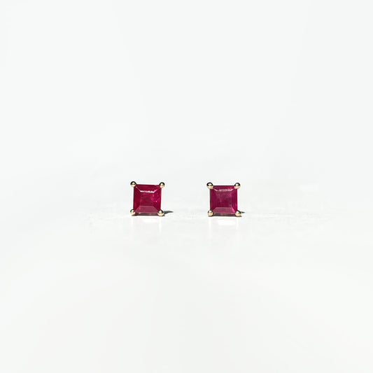 14K Solid Gold Genuine Ruby Square Studs
