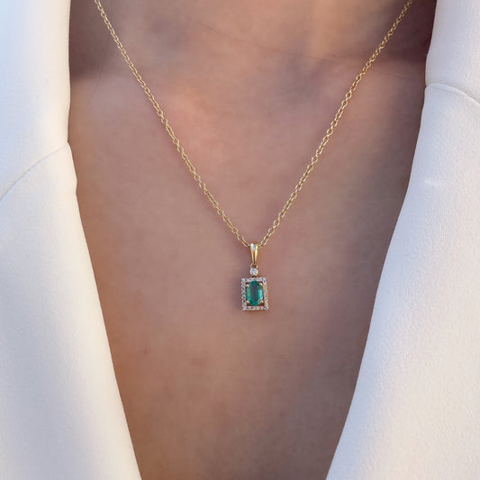 14K Solid Gold Genuine Emerald and Diamond Pendant (Pendant only no chain)