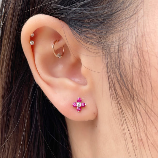 14K Solid Gold Genuine Ruby and Diamond Flower Studs