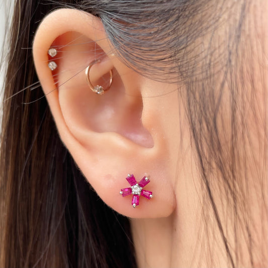 14K Solid Gold Genuine Ruby and Diamond Flower Studs