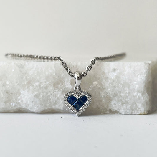 14K Solid Gold Sapphire and Diamond Heart Pendant (pendant only NO chain)