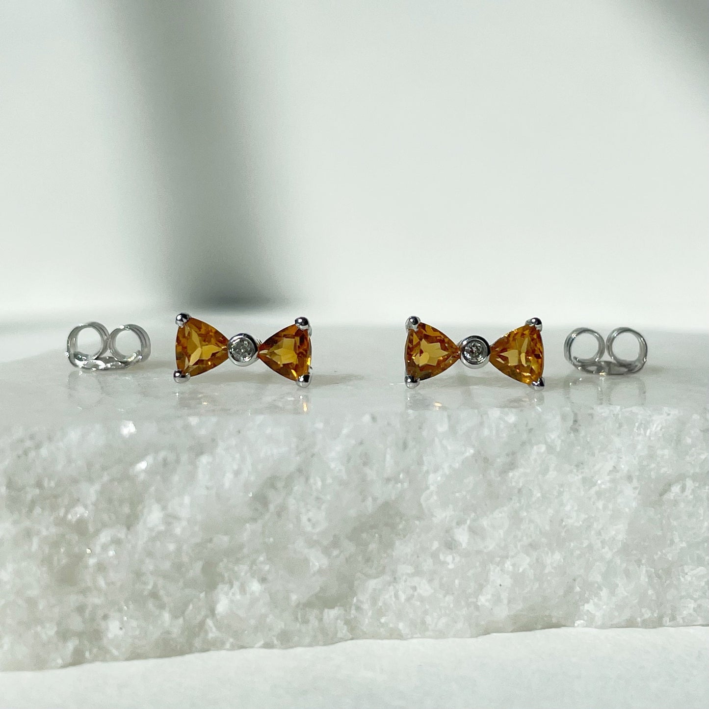 14K Solid Gold Genuine Citrine and Diamond Bow Studs