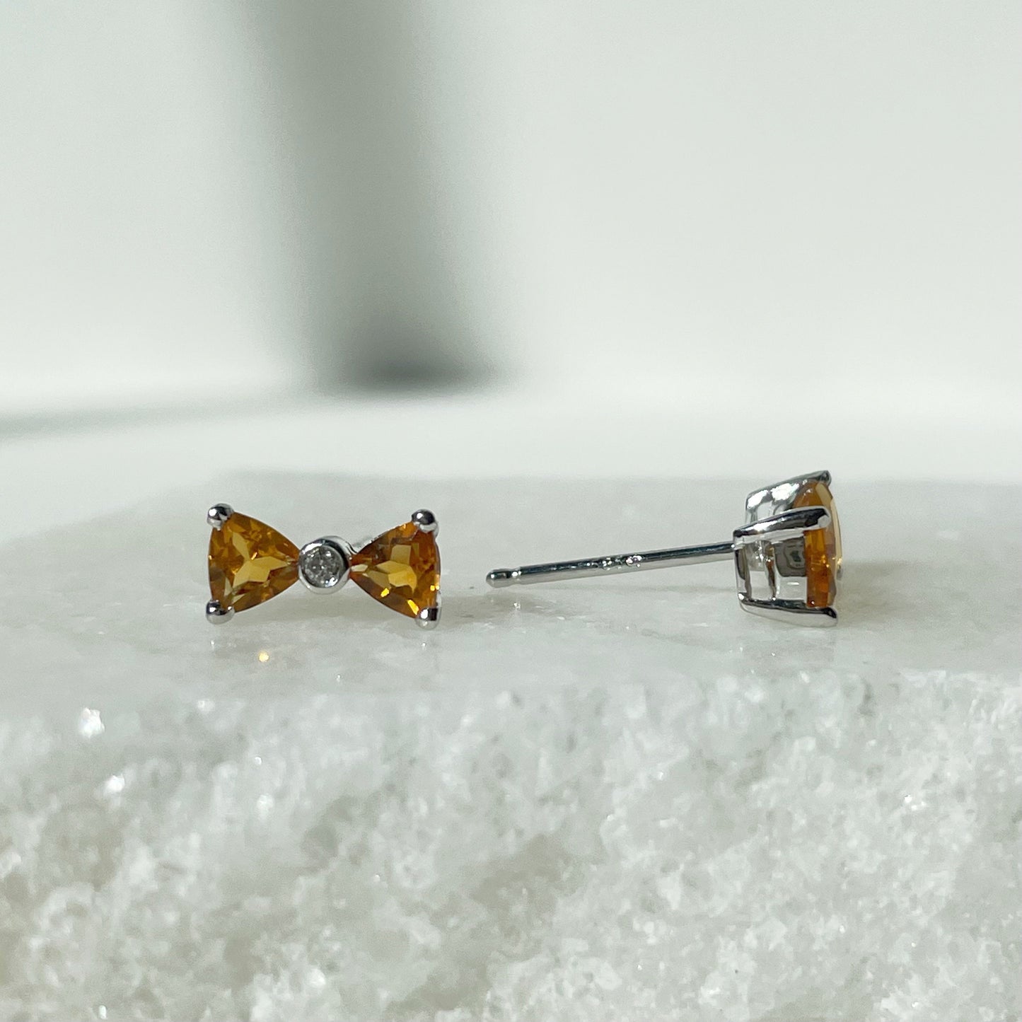 14K Solid Gold Genuine Citrine and Diamond Bow Studs