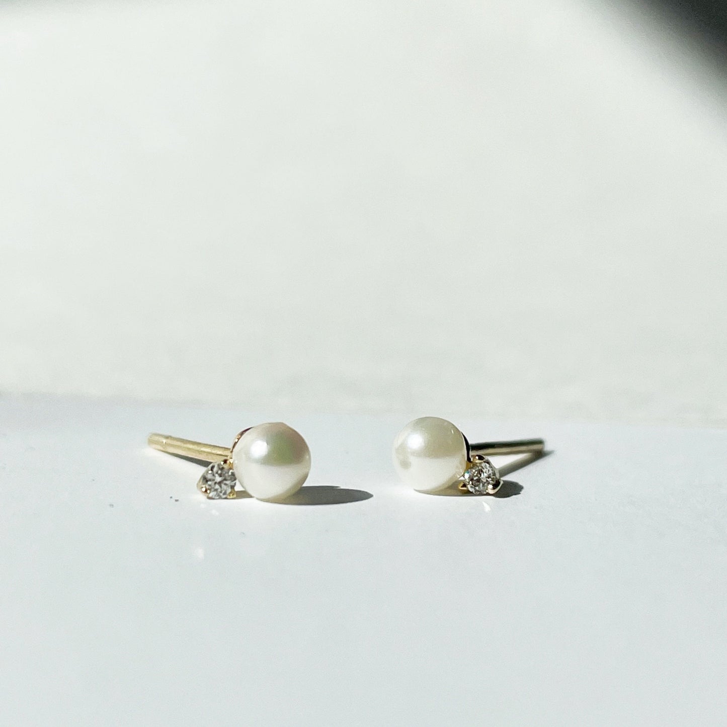 14K Solid Gold Genuine Pearl and Diamond Studs