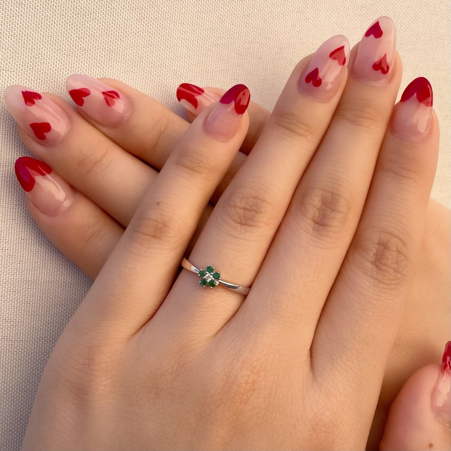 14K Solid Gold Genuine Emerald and Diamond Flower Ring