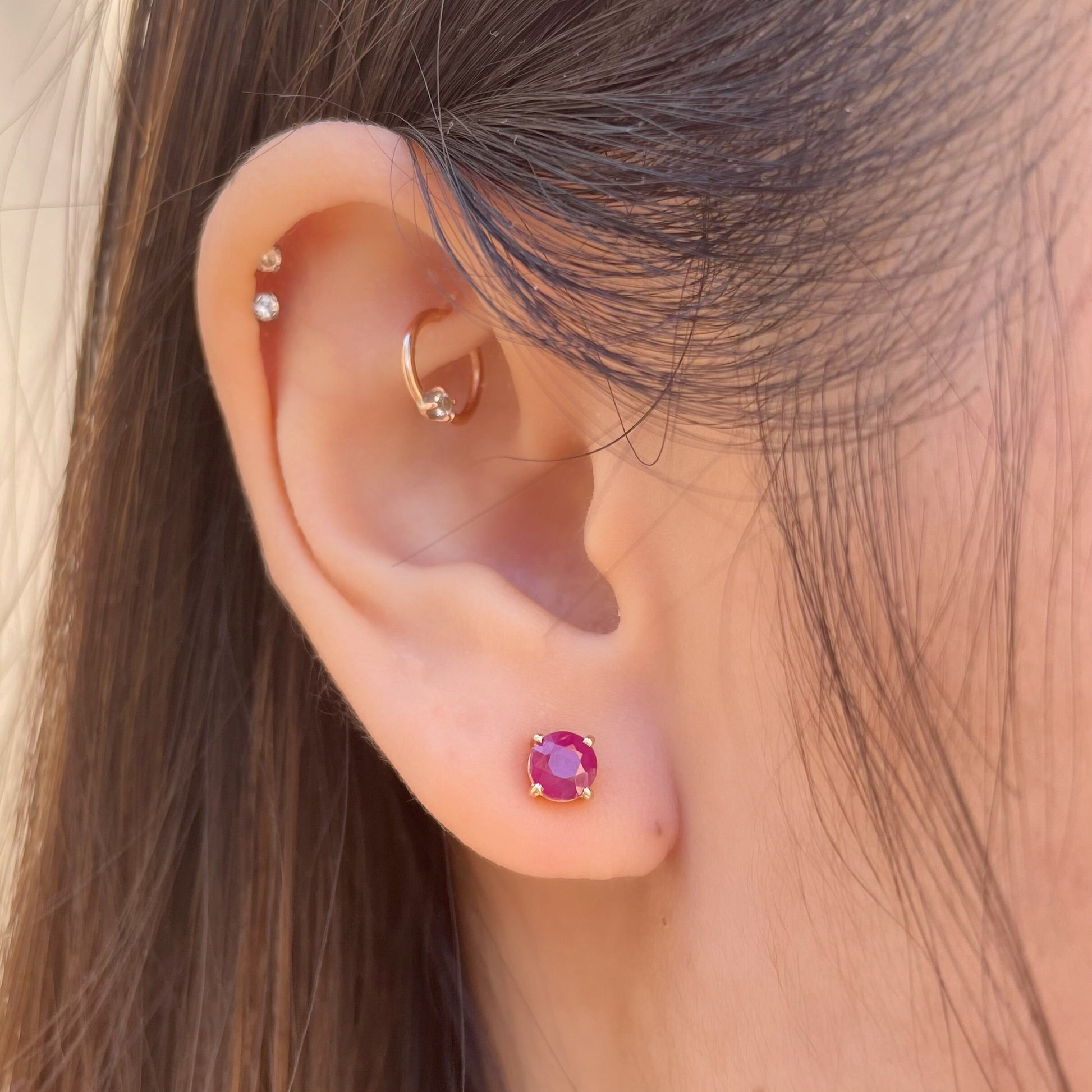 14K Solid Gold Genuine 1 Carat Ruby Round Studs
