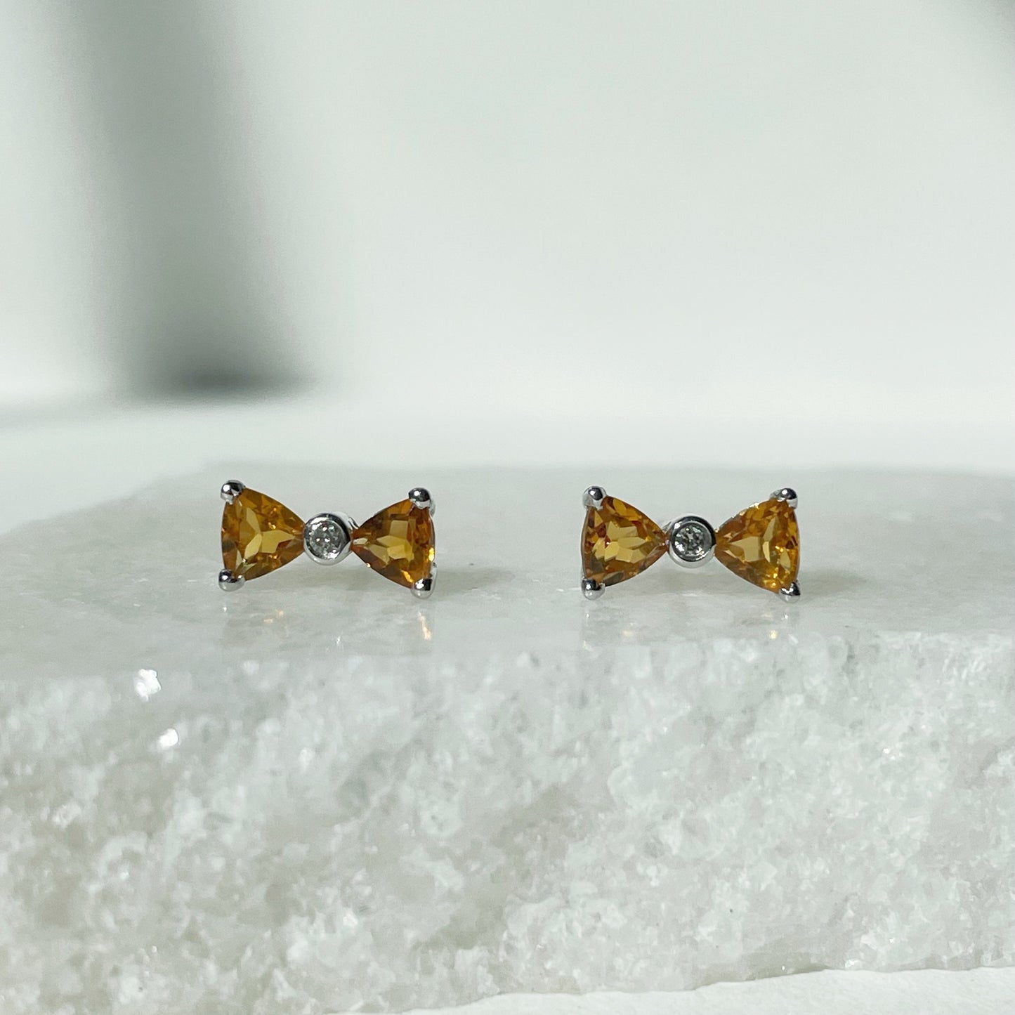 14K Solid Gold Genuine Citrine and Diamond Bow Studs