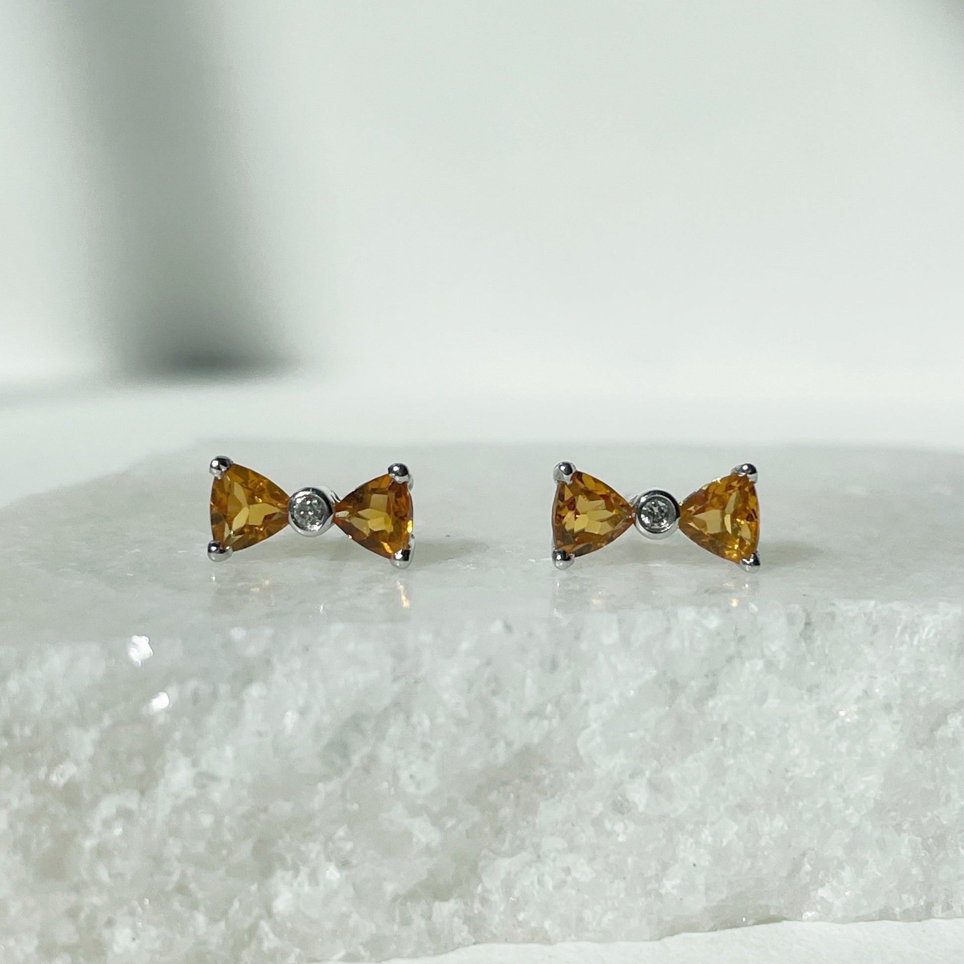 14K Solid Gold Genuine Citrine and Diamond Bow Studs