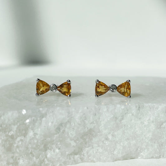 14K Solid Gold Genuine Citrine and Diamond Bow Studs