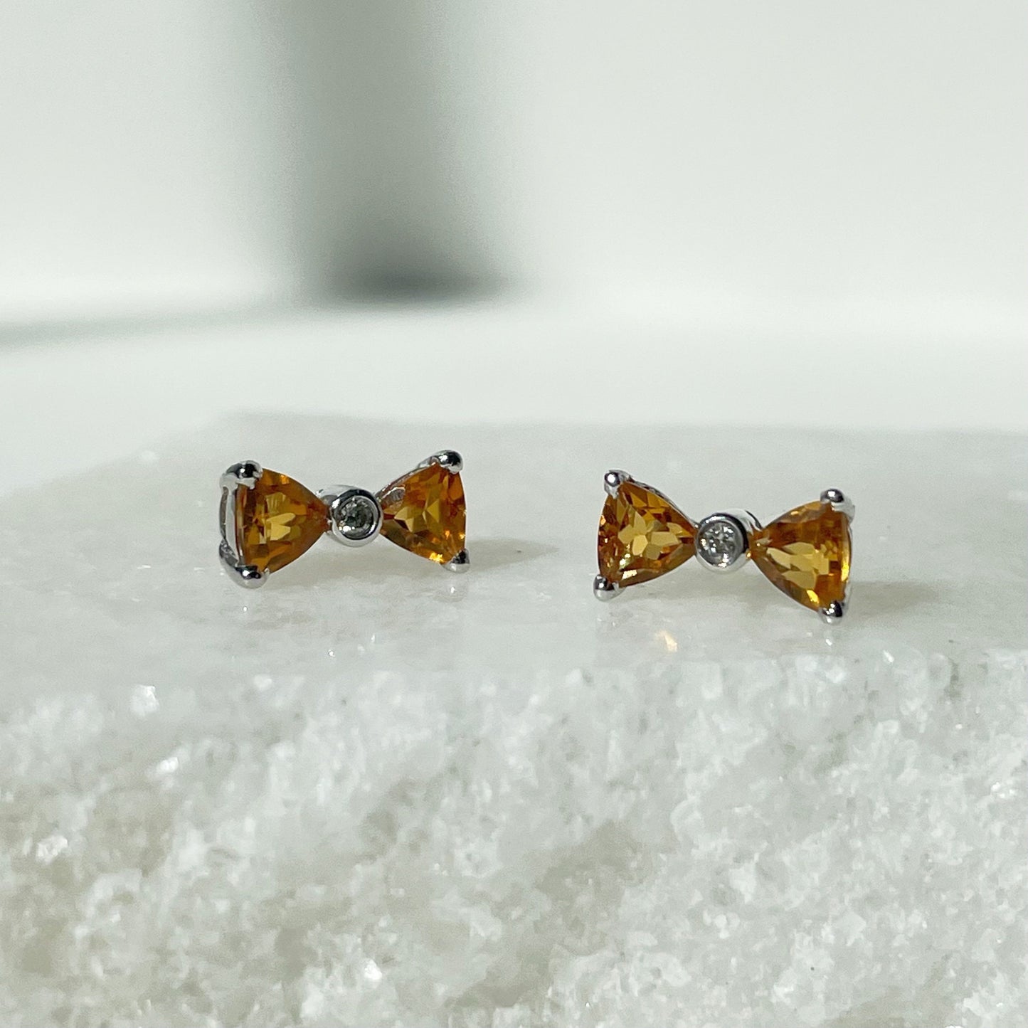 14K Solid Gold Genuine Citrine and Diamond Bow Studs