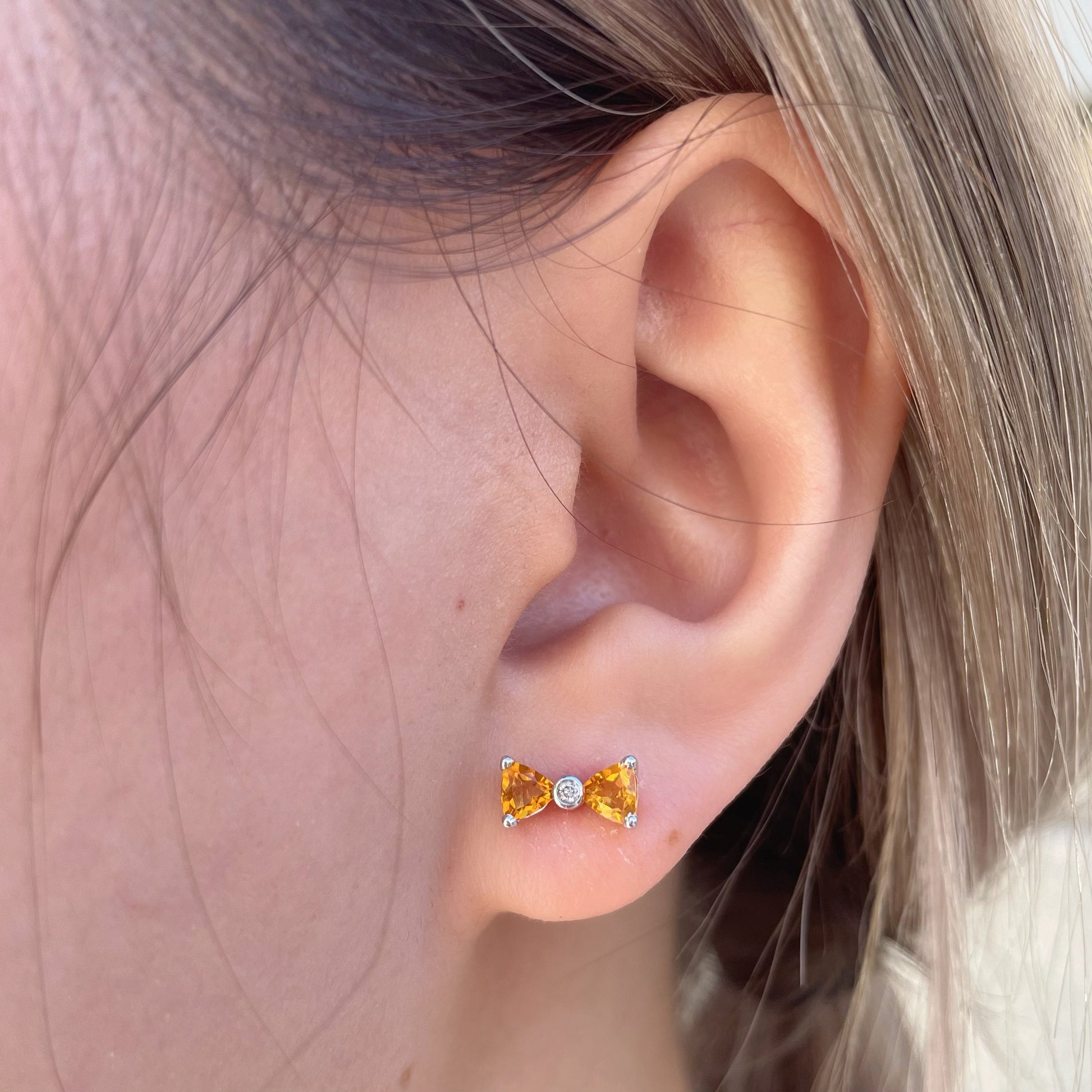 14K Solid Gold Genuine Citrine and Diamond Bow Studs