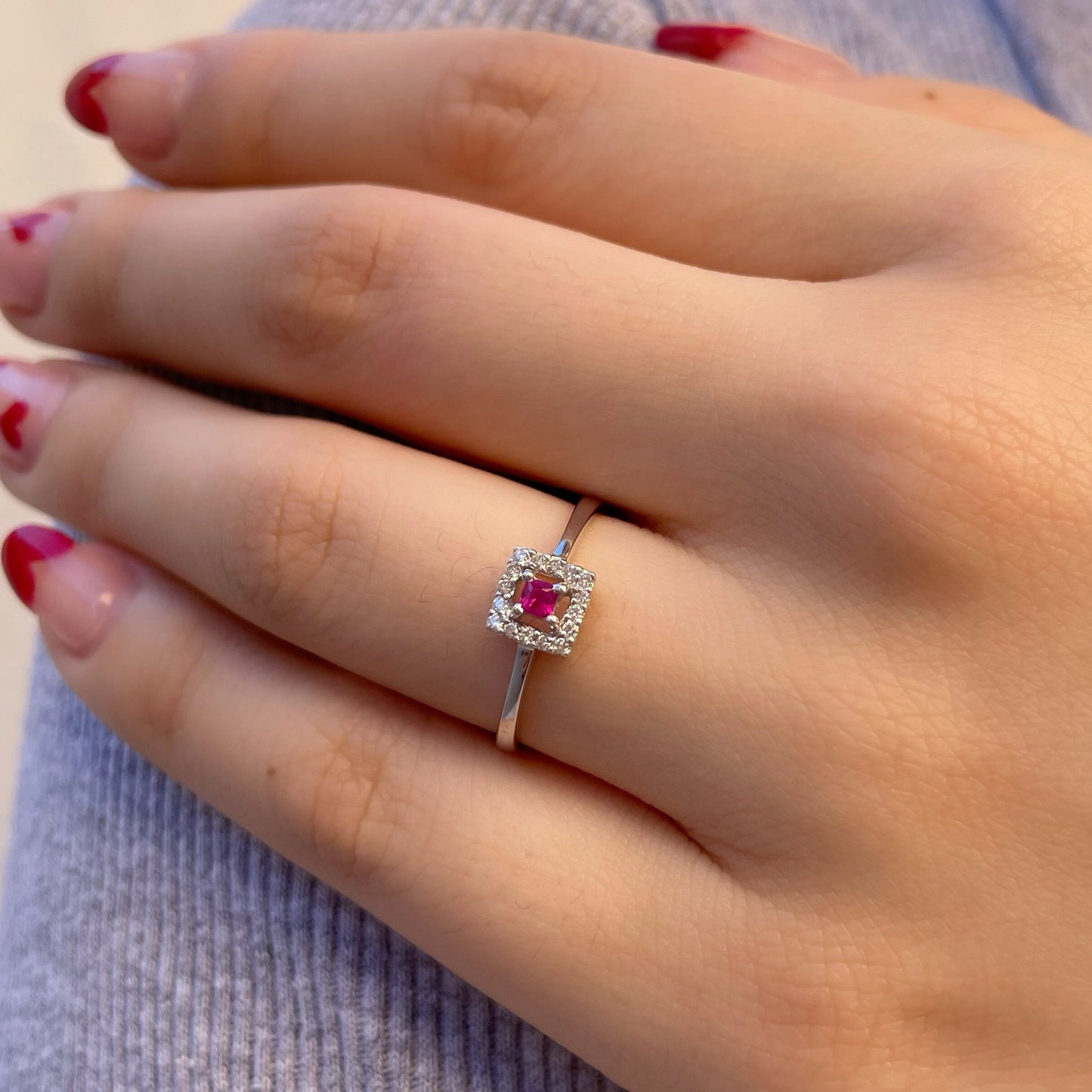 18K Solid Gold Genuine Square Diamond and Ruby Ring