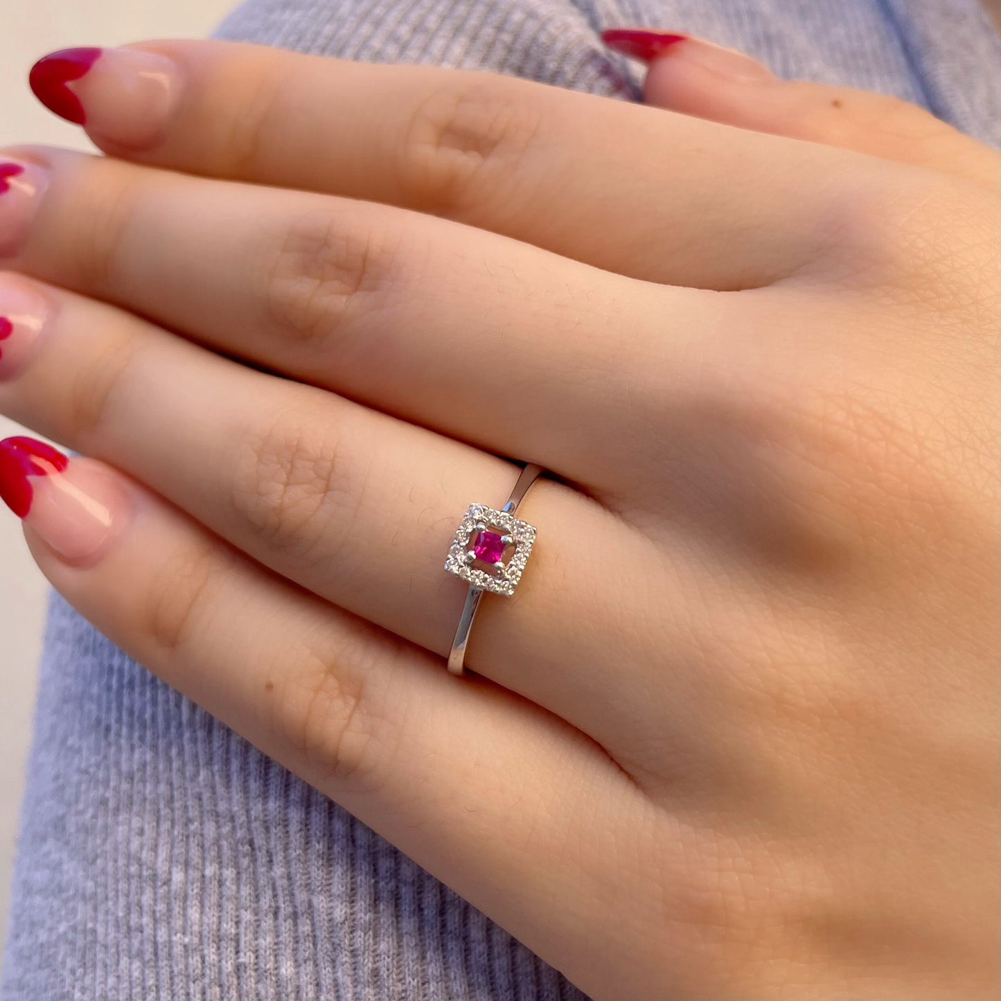 18K Solid Gold Genuine Square Diamond and Ruby Ring