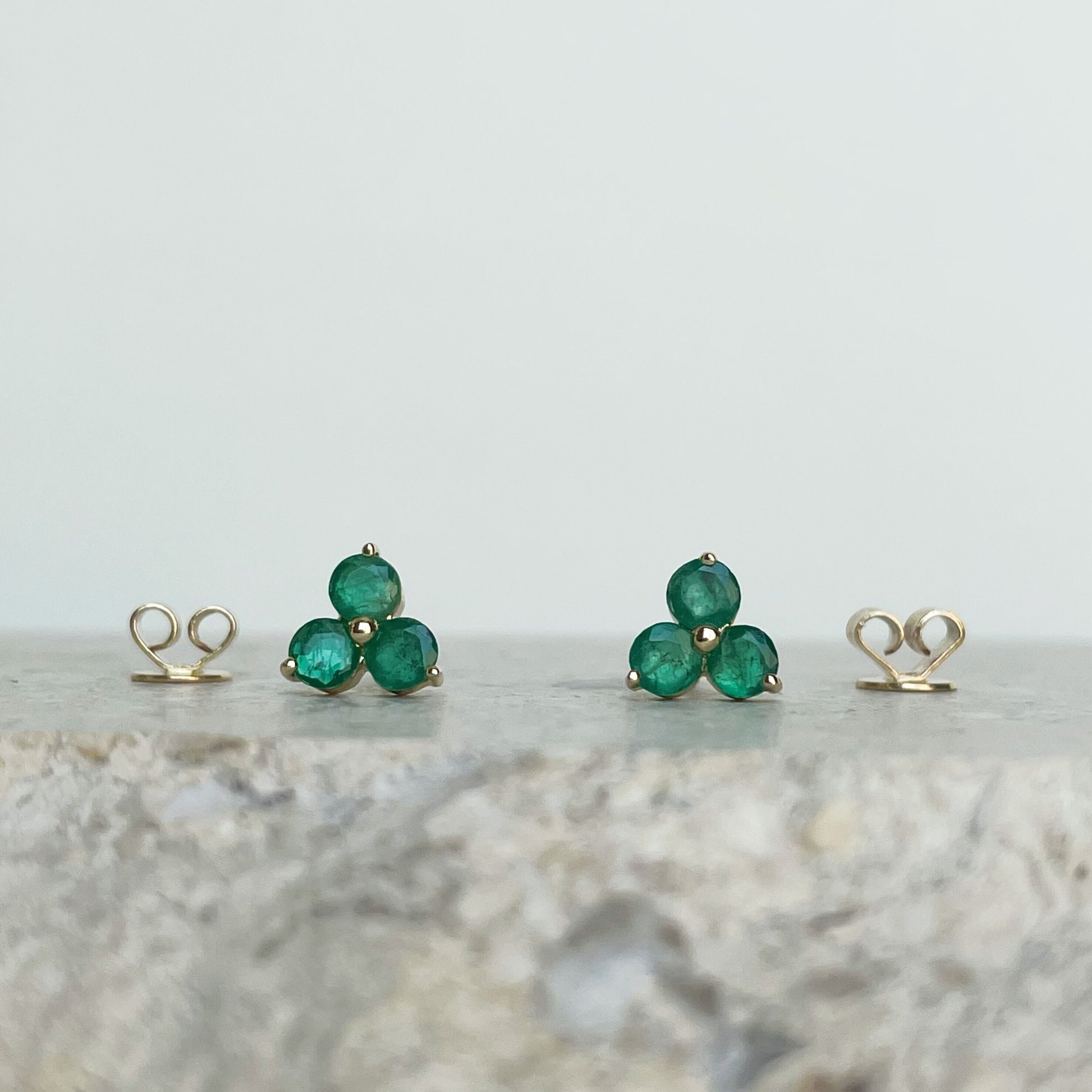 14K Solid Gold Genuine Emerald Trio Studs