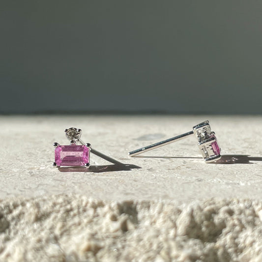 14K Solid Gold Genuine Pink Sapphire and Diamond Studs