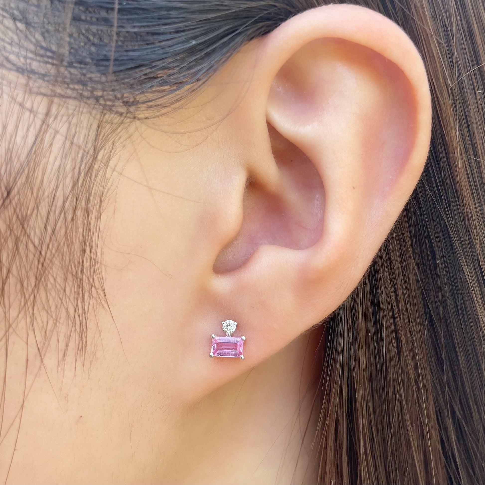 14K Solid Gold Genuine Pink Sapphire and Diamond Studs