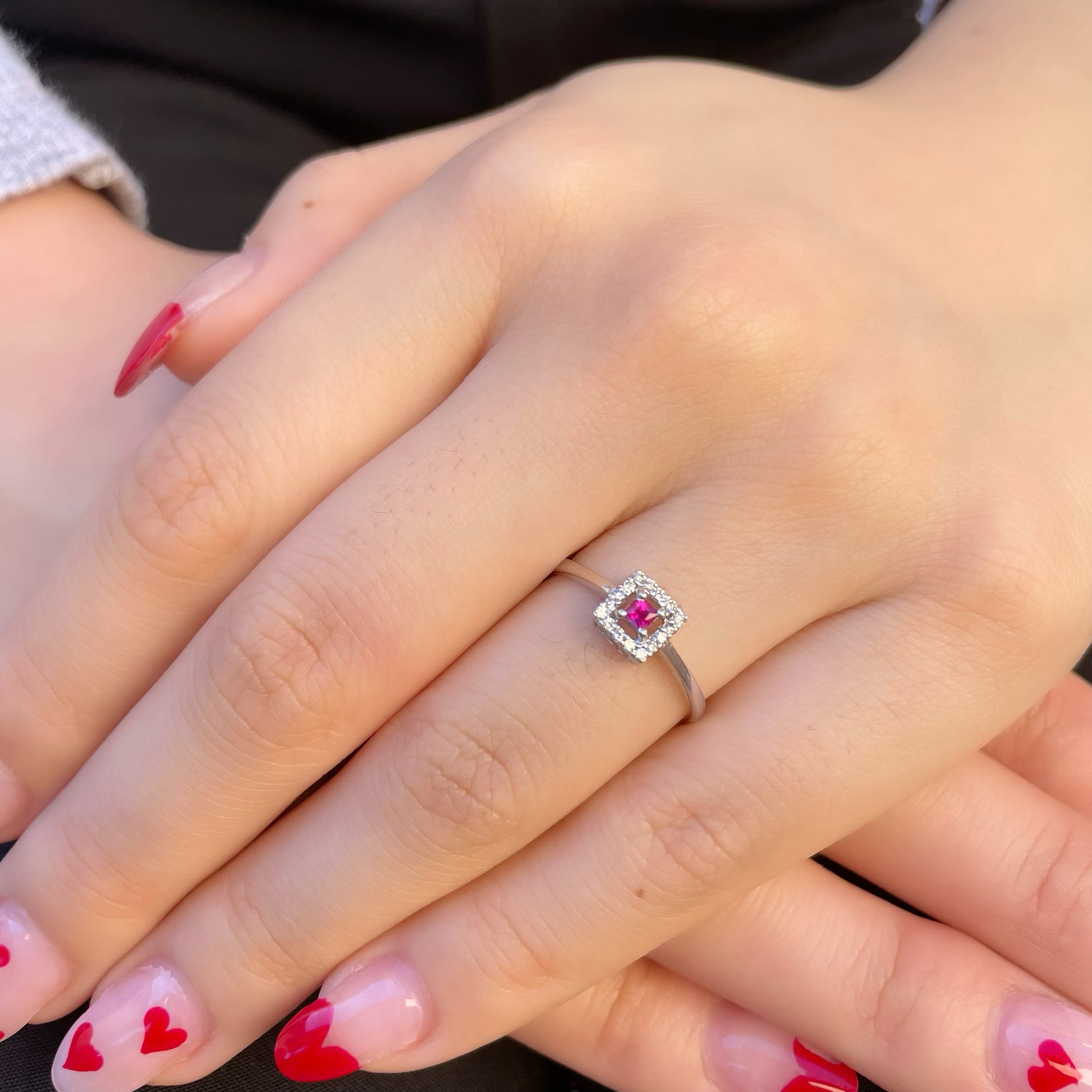 18K Solid Gold Genuine Square Diamond and Ruby Ring