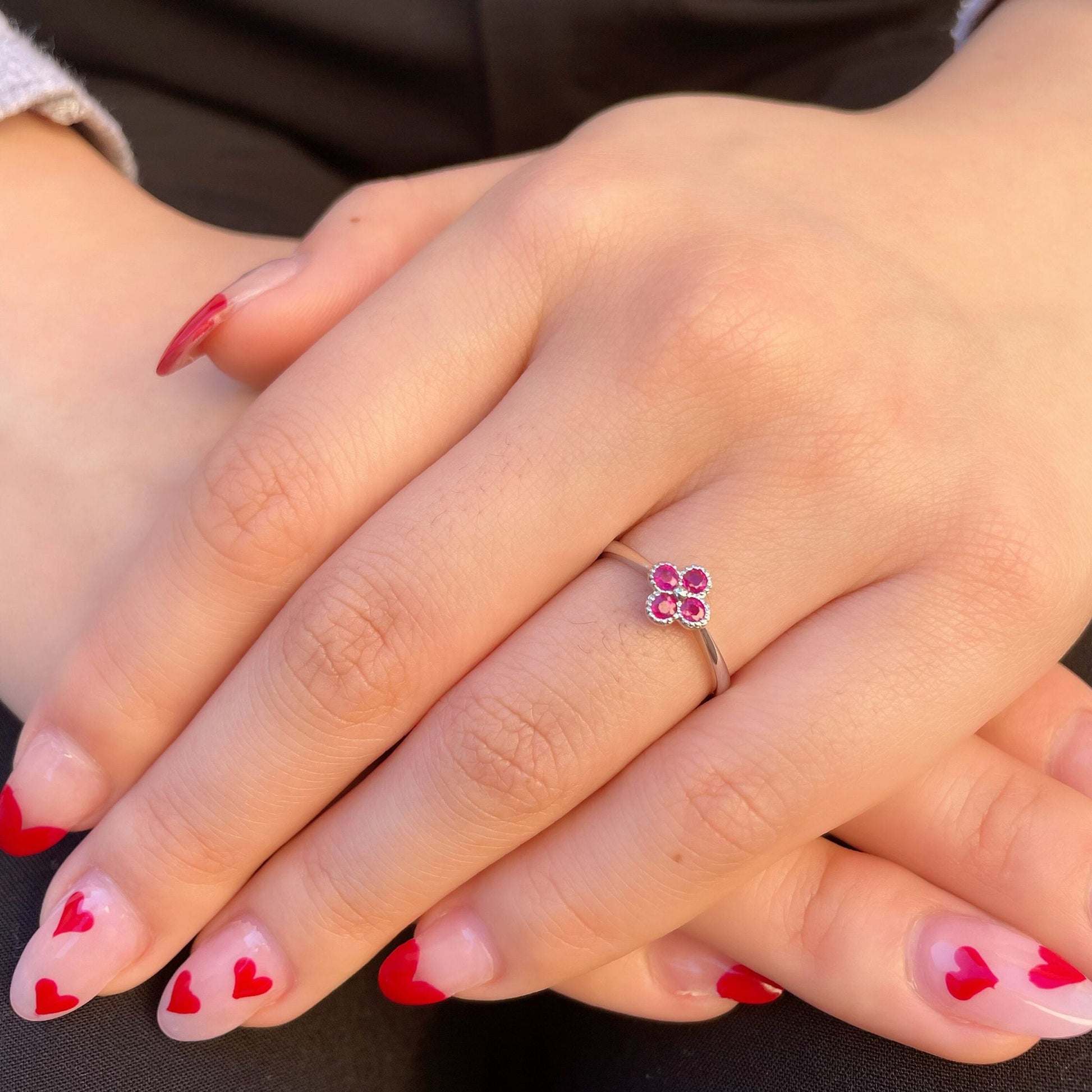 14K Solid Gold Genuine Ruby Clover Ring