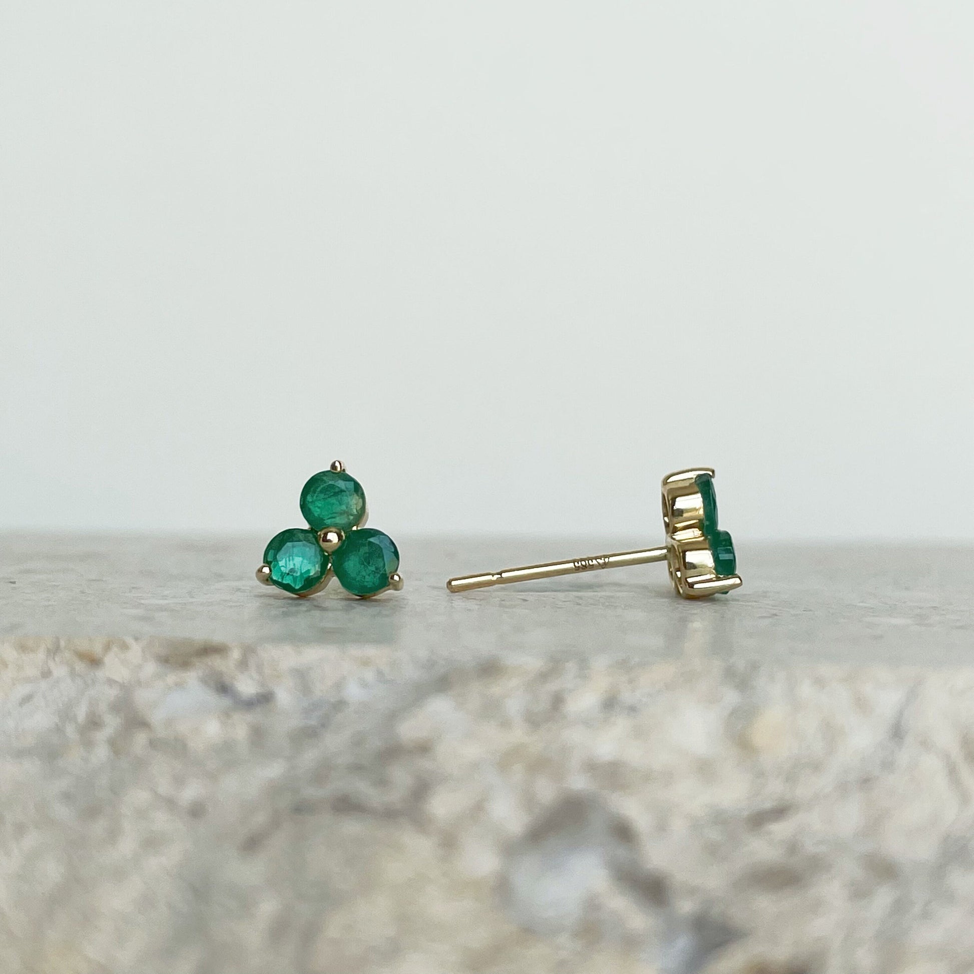 14K Solid Gold Genuine Emerald Trio Studs