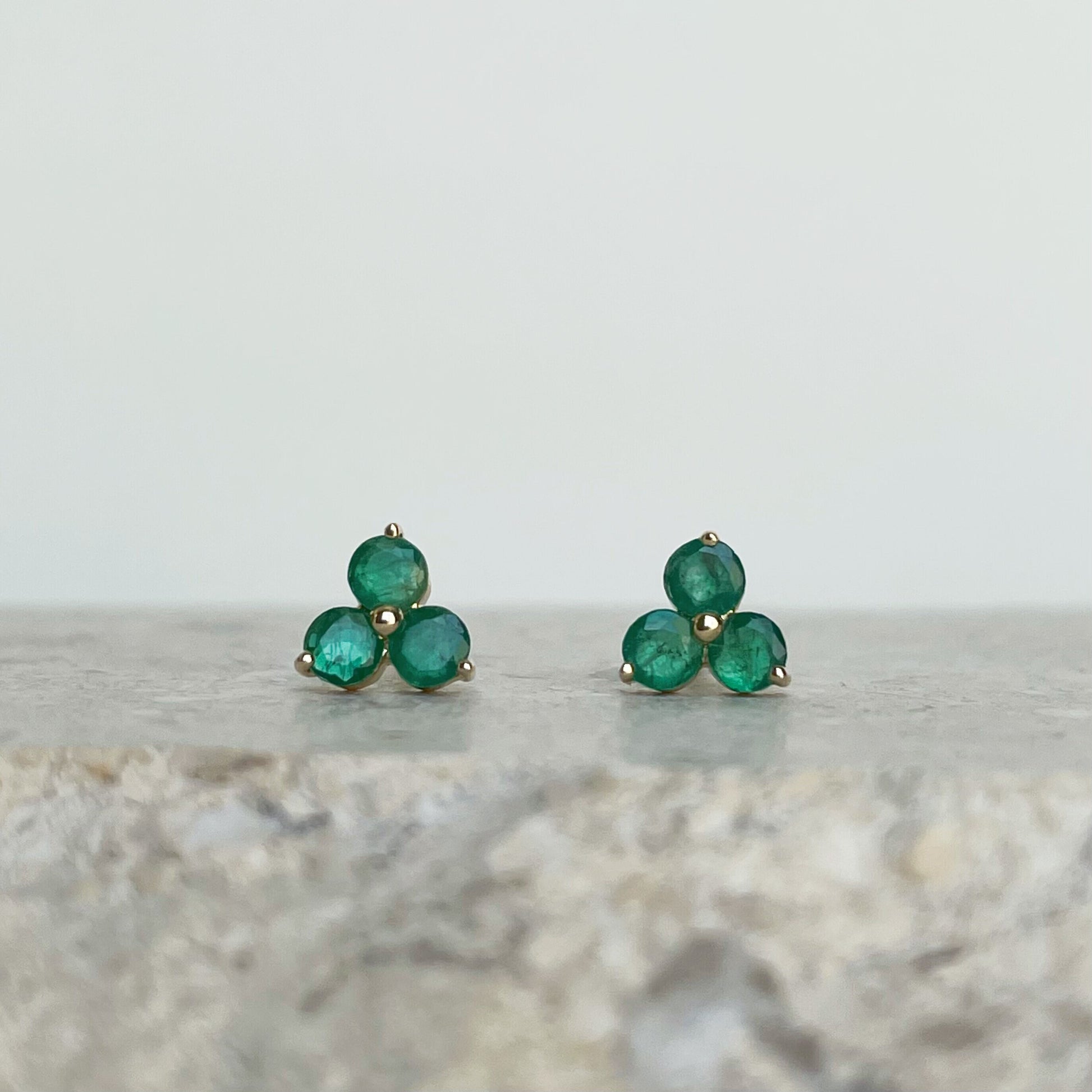 14K Solid Gold Genuine Emerald Trio Studs