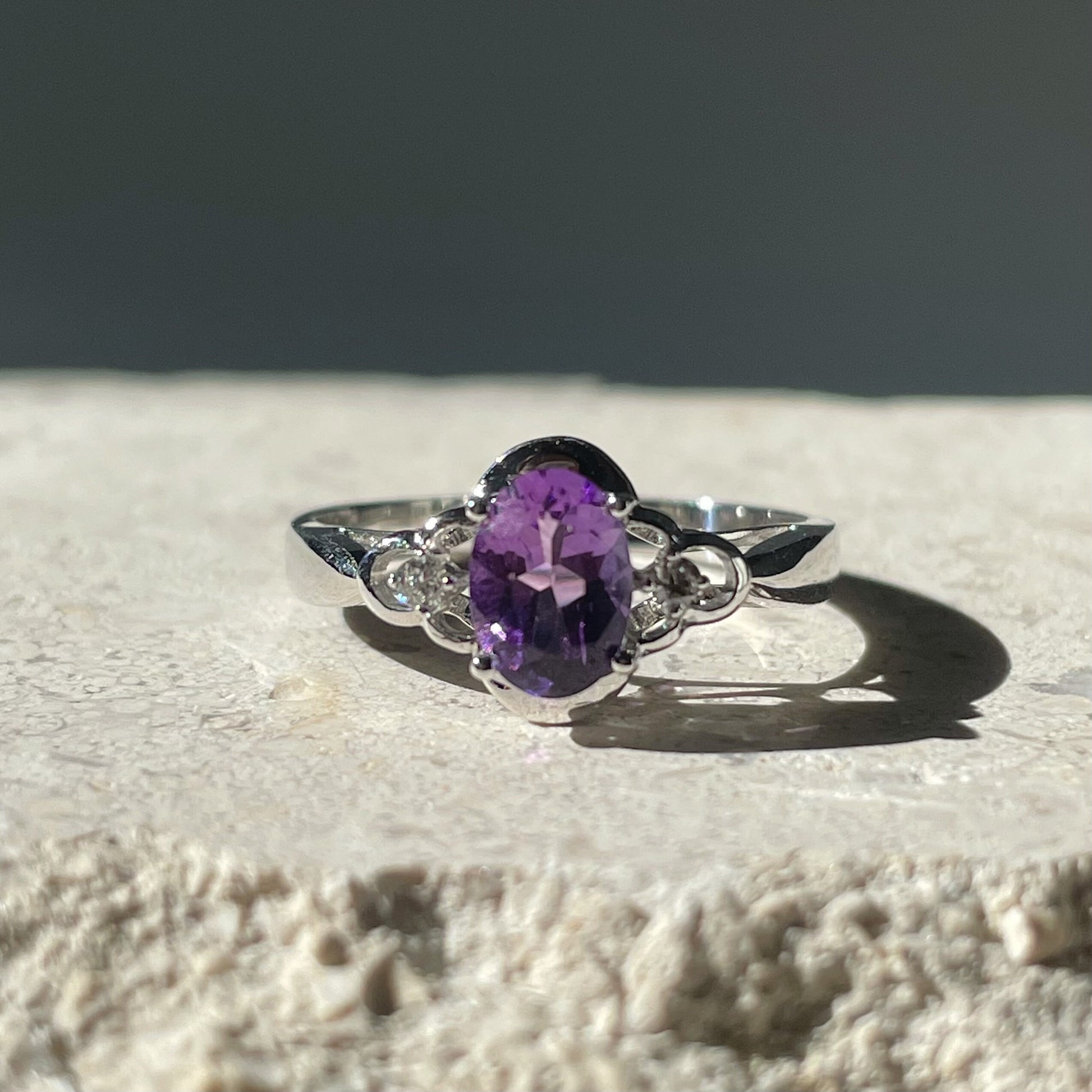 14K Solid Gold Genuine Amethyst and Diamond Ring