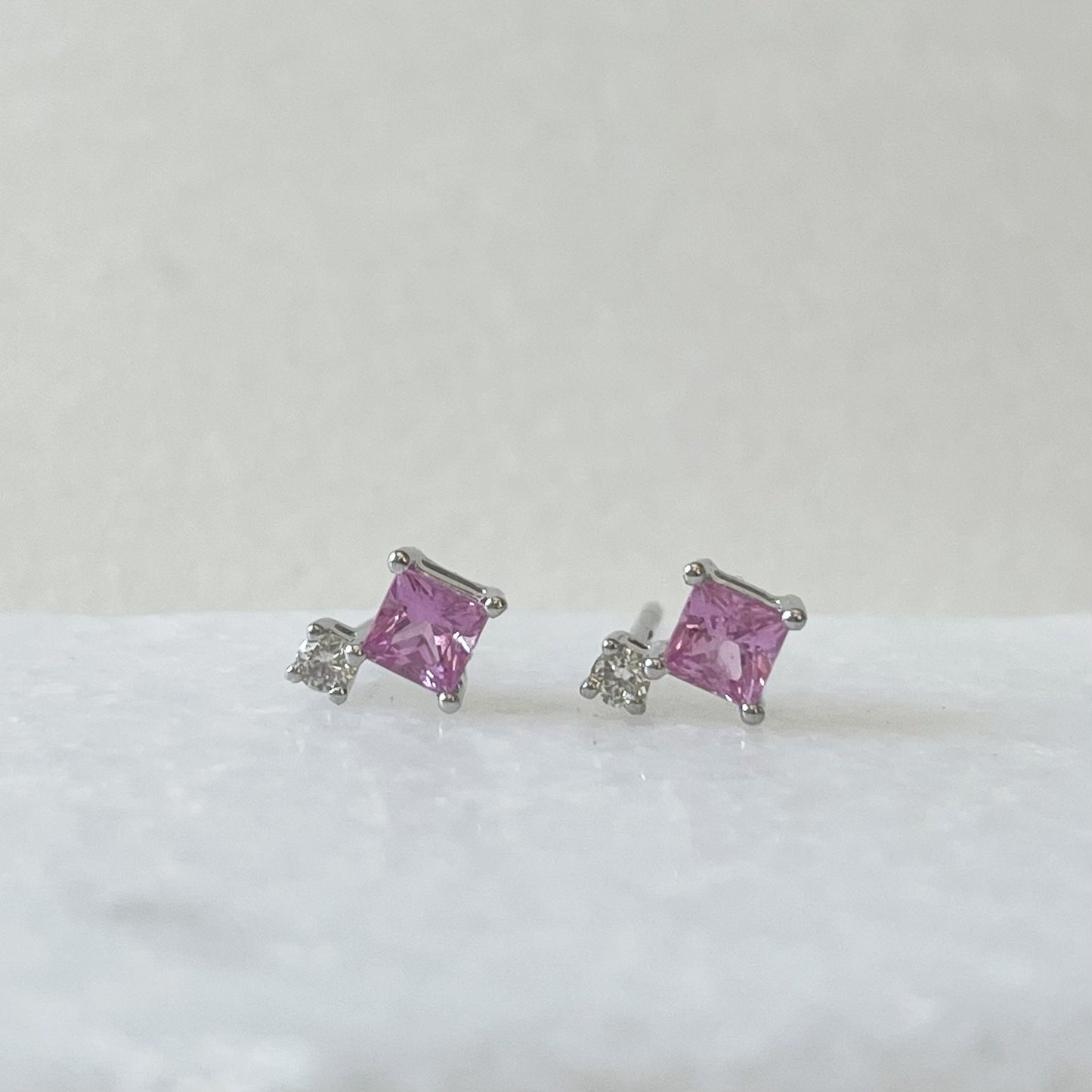 14K Solid Gold Genuine Pink Sapphire and Diamond Studs (pair)