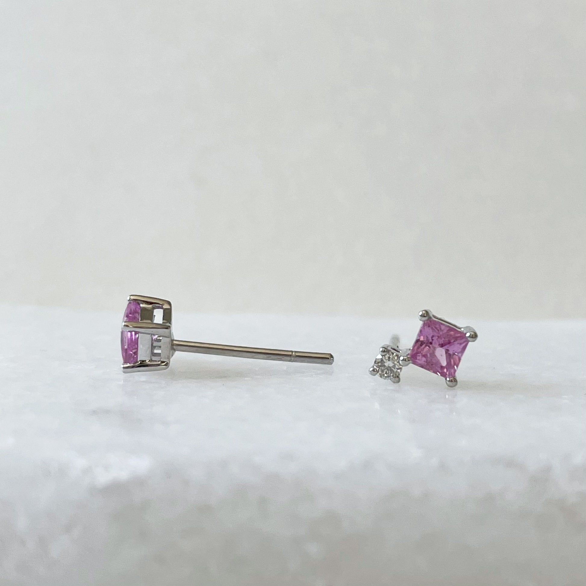14K Solid Gold Genuine Pink Sapphire and Diamond Studs (pair)