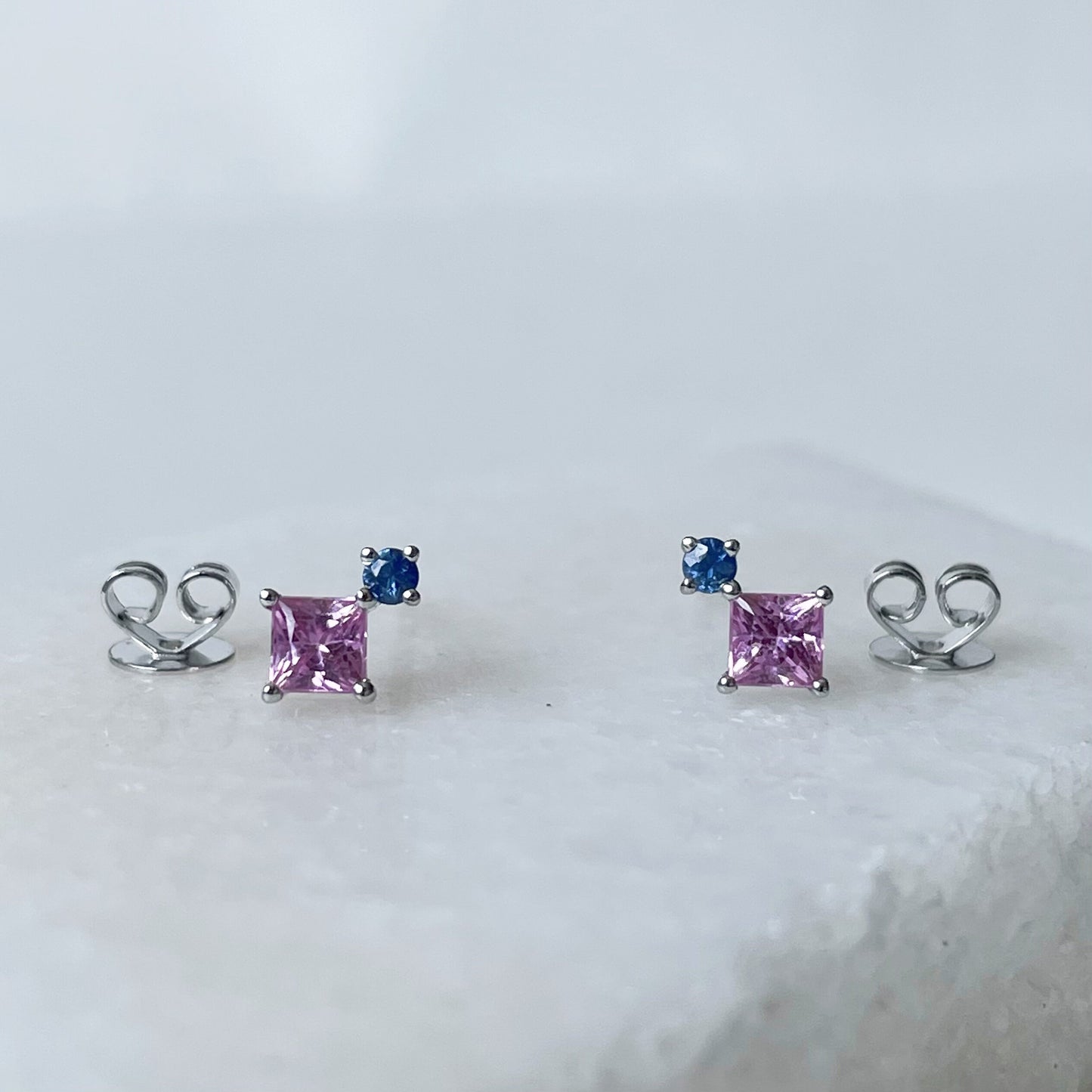 14K Solid Gold Genuine Pink Sapphire and Blue Sapphire Stacked Studs (pair)