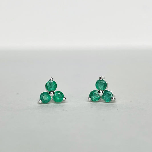 14K Solid Gold Genuine Emerald Trio Studs