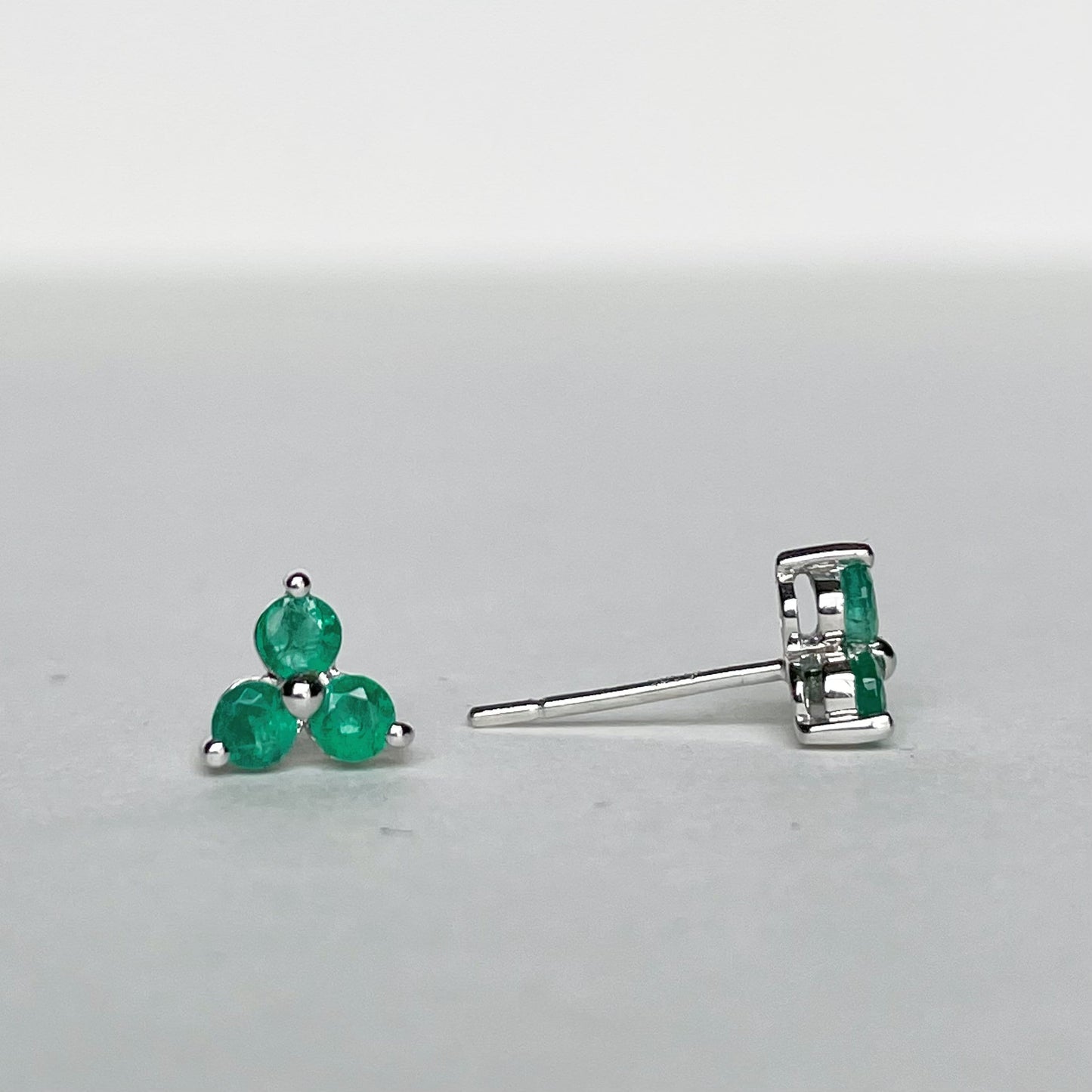 14K Solid Gold Genuine Emerald Trio Studs