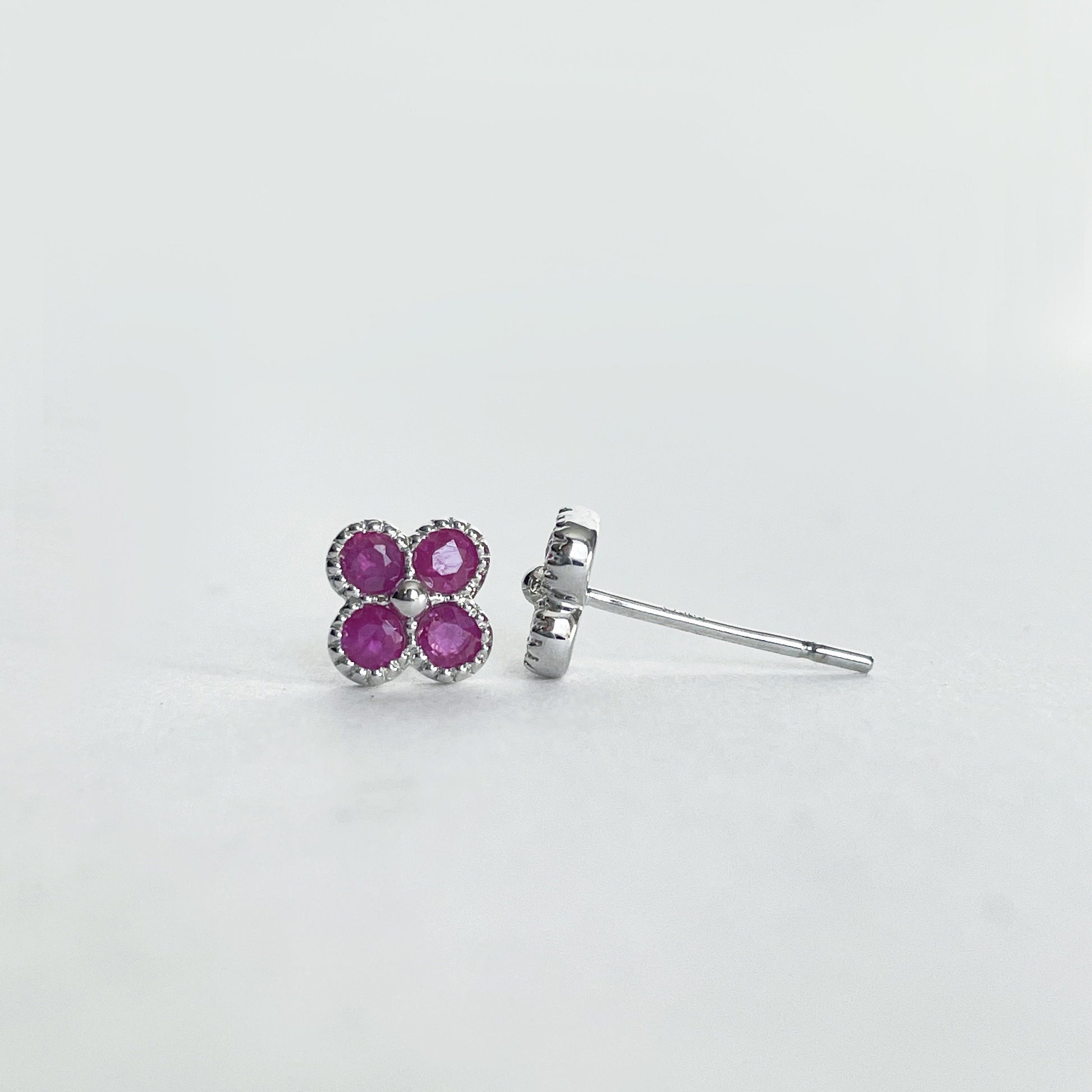 14K Solid Gold Genuine Ruby Clover Studs