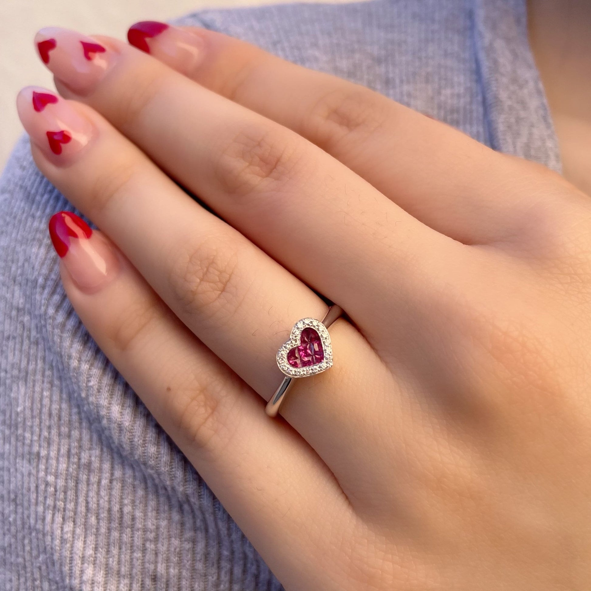 14K Solid Gold Genuine Ruby and Diamond Heart Ring