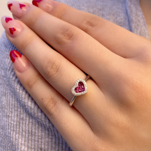 14K Solid Gold Genuine Ruby and Diamond Heart Ring