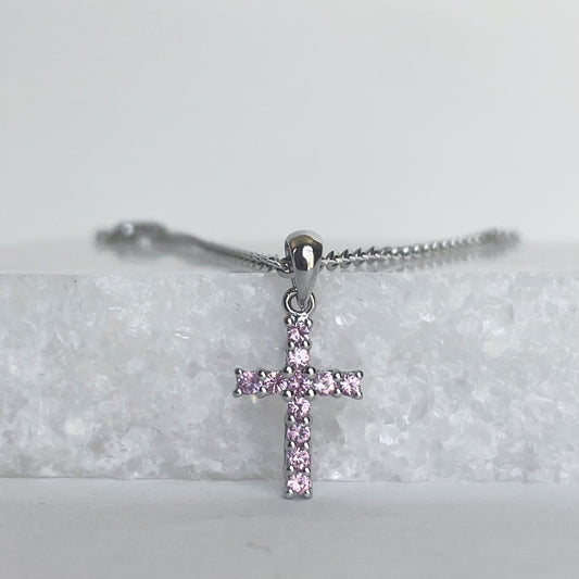14K Solid Gold Genuine Pink Sapphire Cross Pendant (pendant only)