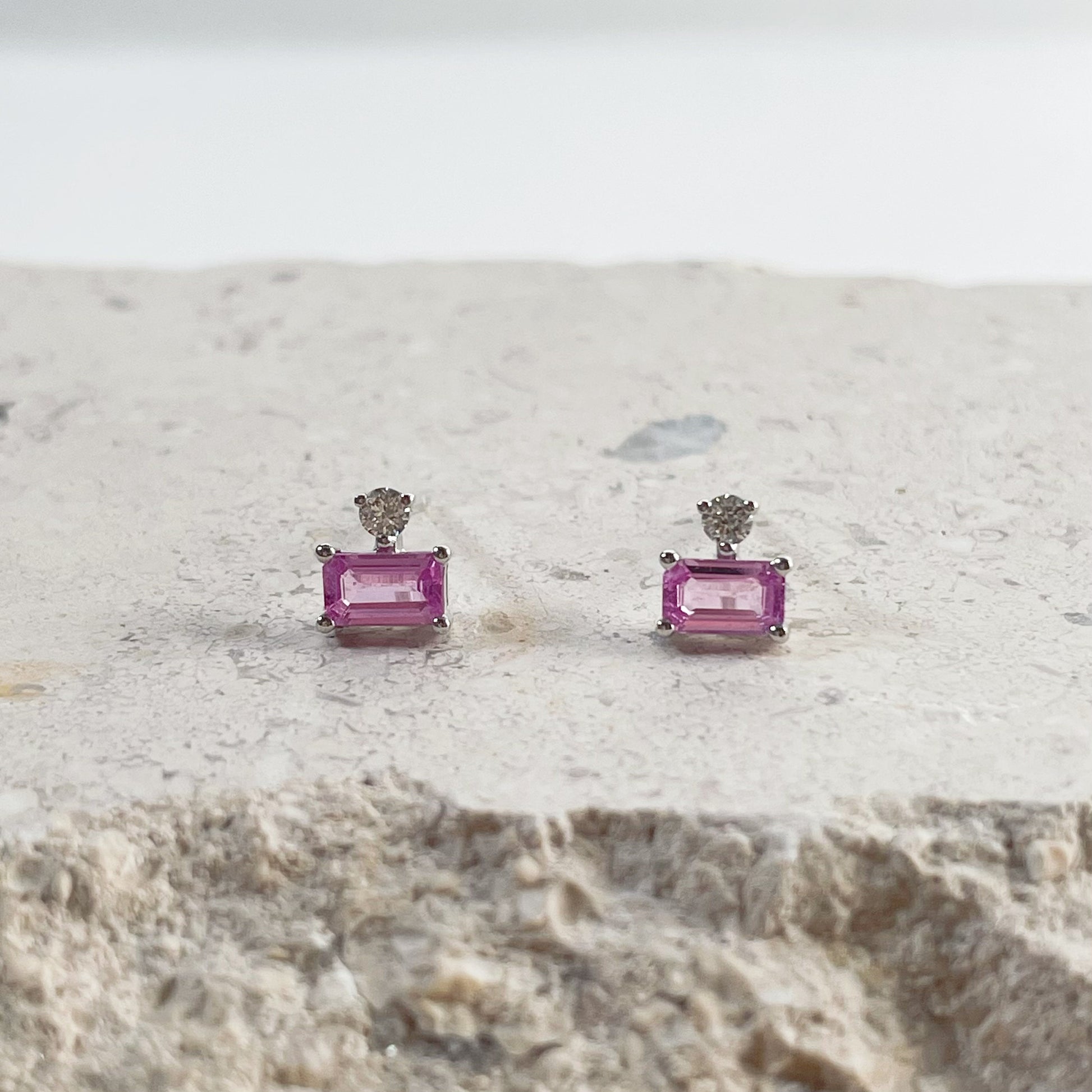 14K Solid Gold Genuine Pink Sapphire and Diamond Studs